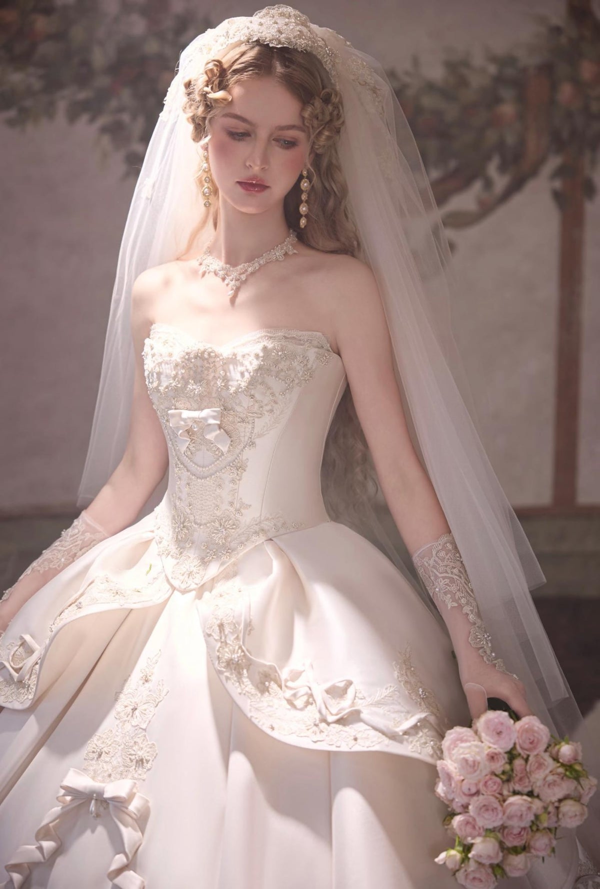 Vintage Royal Ballgown Wedding Dress, Off‑Shoulder Renaissance Bridal Gown, Lace Bow Custom Wedding Dress