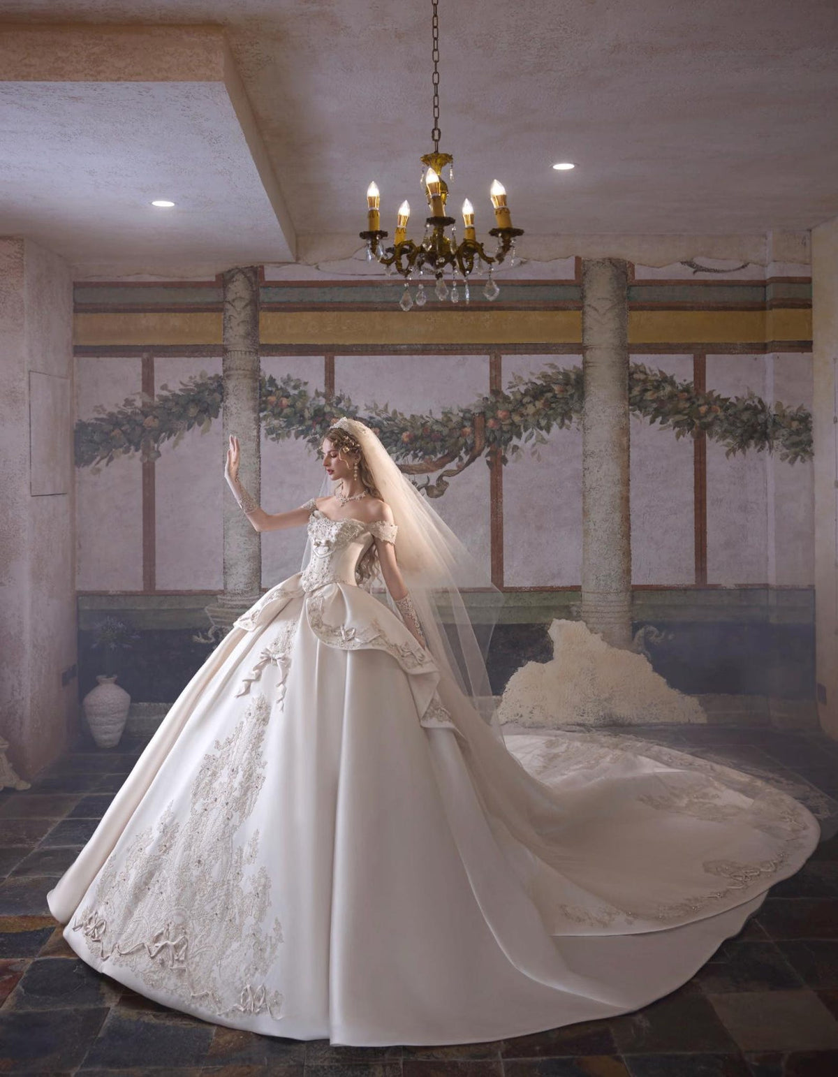 Vintage Royal Ballgown Wedding Dress, Off‑Shoulder Renaissance Bridal Gown, Lace Bow Custom Wedding Dress