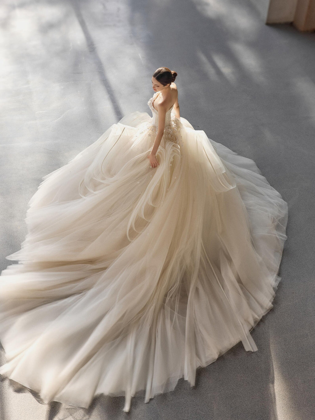 Strapless Corset Ball Gown Wedding Dress, 3D Floral Tulle Bridal Gown, Ruffled Princess Wedding Dress with Train, Custom Size