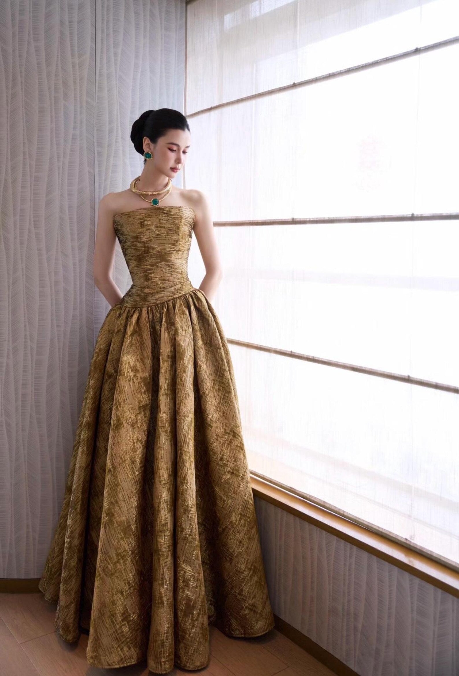 Luxury Gold Metallic Strapless Ball Gown, Textured Brocade Evening Dress, Formal Prom Gala Red Carpet Gown, Custom Fit
