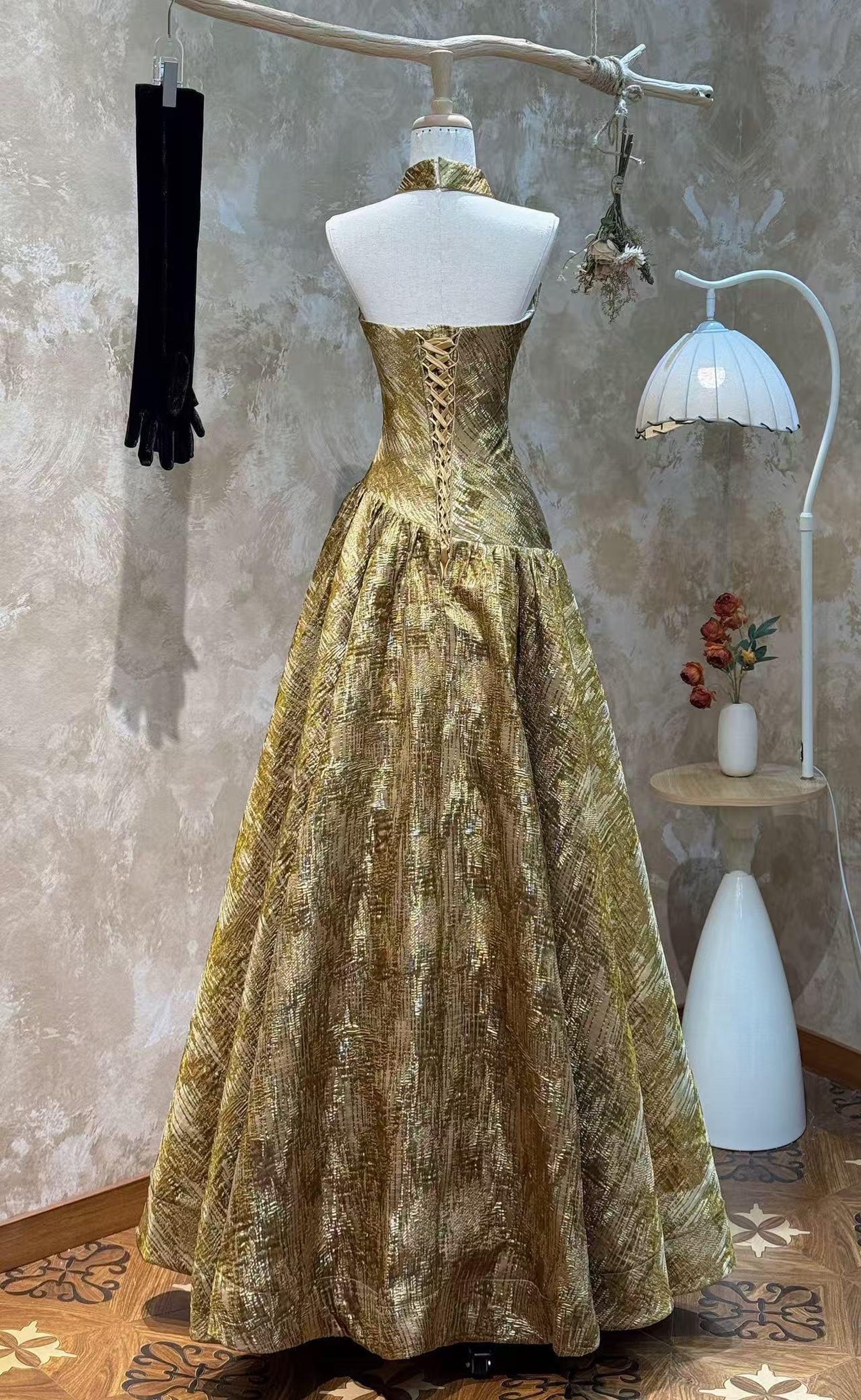 Luxury Gold Metallic Strapless Ball Gown, Textured Brocade Evening Dress, Formal Prom Gala Red Carpet Gown, Custom Fit