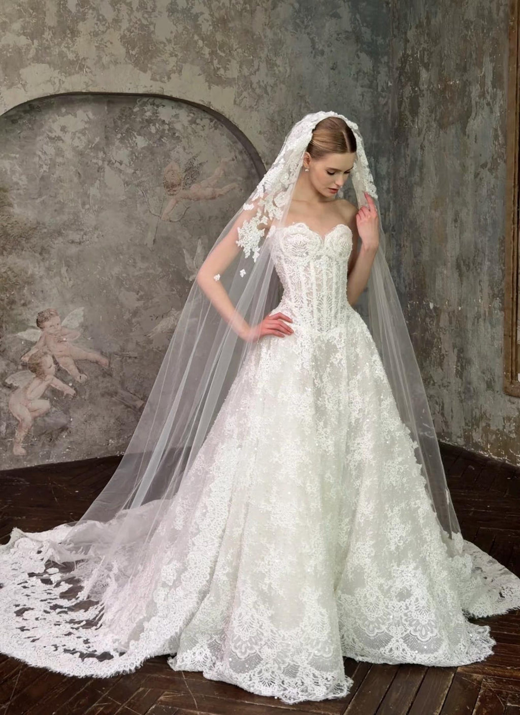 Vintage High Neck Long Sleeve Lace Wedding Dress, Beaded Illusion Bodice, Elegant A-Line Bridal Gown, Custom Made
