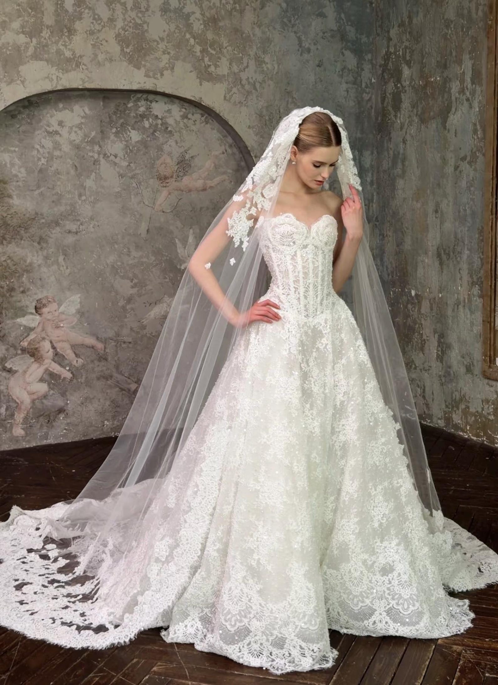 Vintage High Neck Long Sleeve Lace Wedding Dress, Beaded Illusion Bodice, Elegant A-Line Bridal Gown, Custom Made