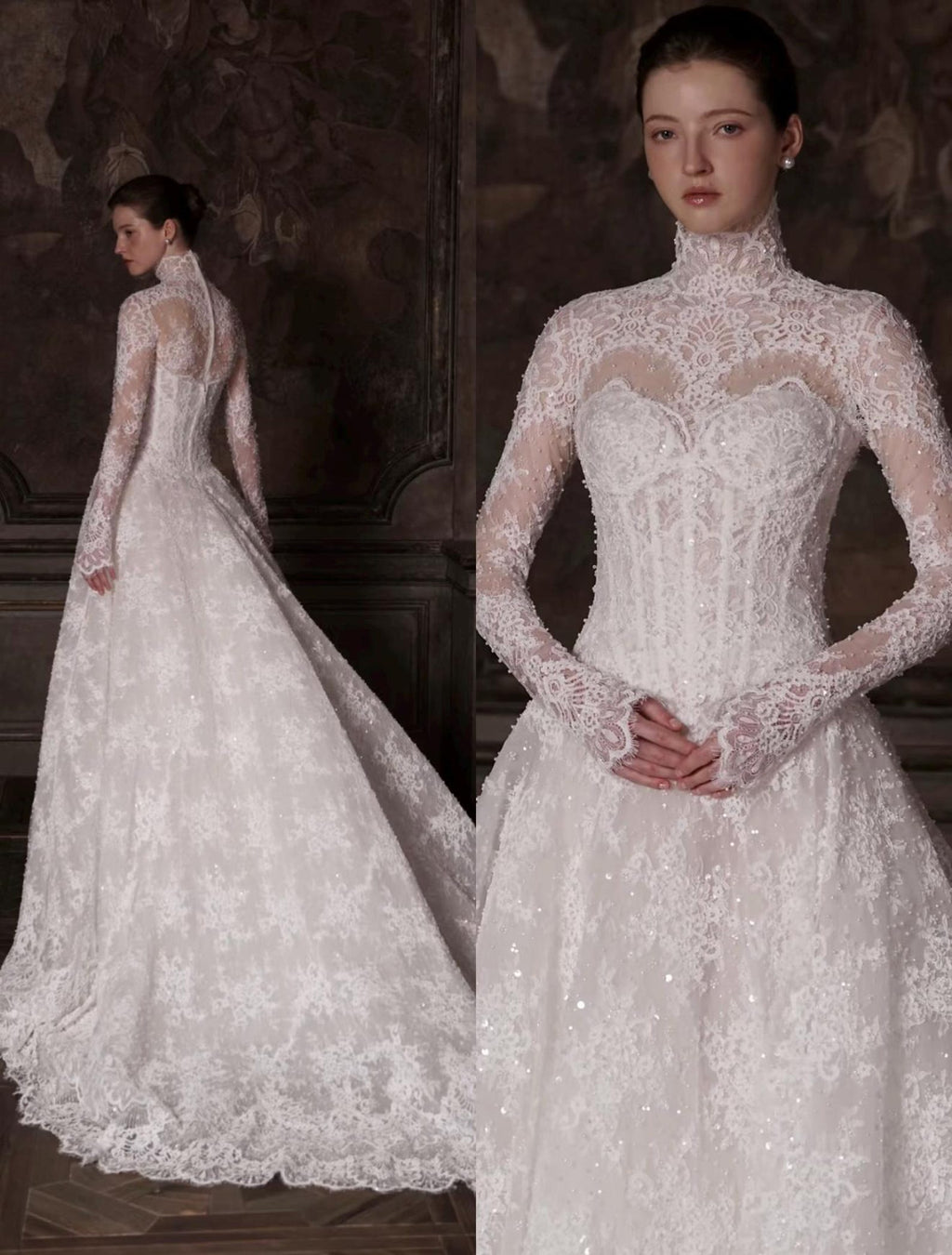 Vintage High Neck Long Sleeve Lace Wedding Dress, Beaded Illusion Bodice, Elegant A-Line Bridal Gown, Custom Made