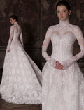 Vintage High Neck Long Sleeve Lace Wedding Dress, Beaded Illusion Bodice, Elegant A-Line Bridal Gown, Custom Made