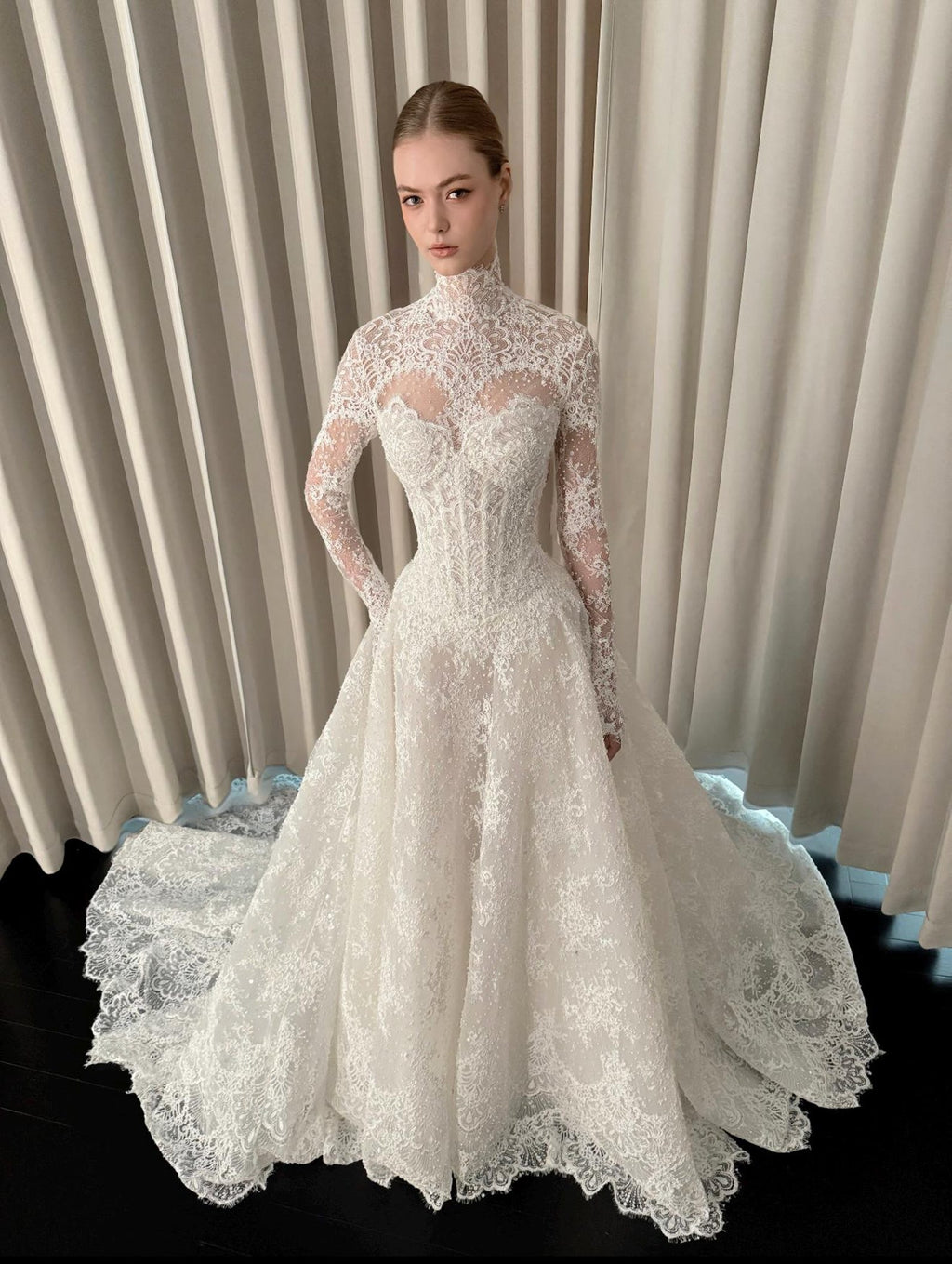 Vintage High Neck Long Sleeve Lace Wedding Dress, Beaded Illusion Bodice, Elegant A-Line Bridal Gown, Custom Made