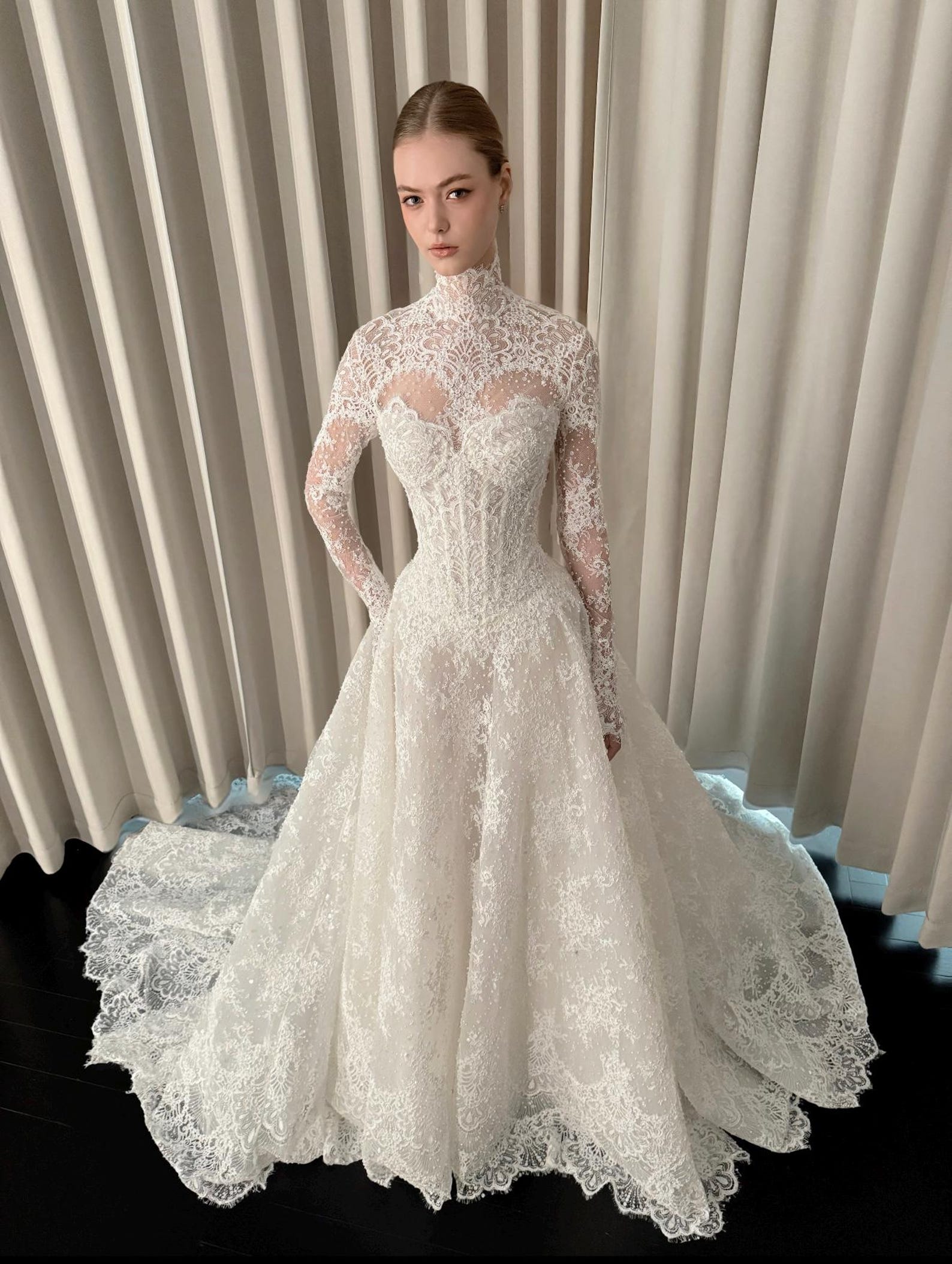 Vintage High Neck Long Sleeve Lace Wedding Dress, Beaded Illusion Bodice, Elegant A-Line Bridal Gown, Custom Made