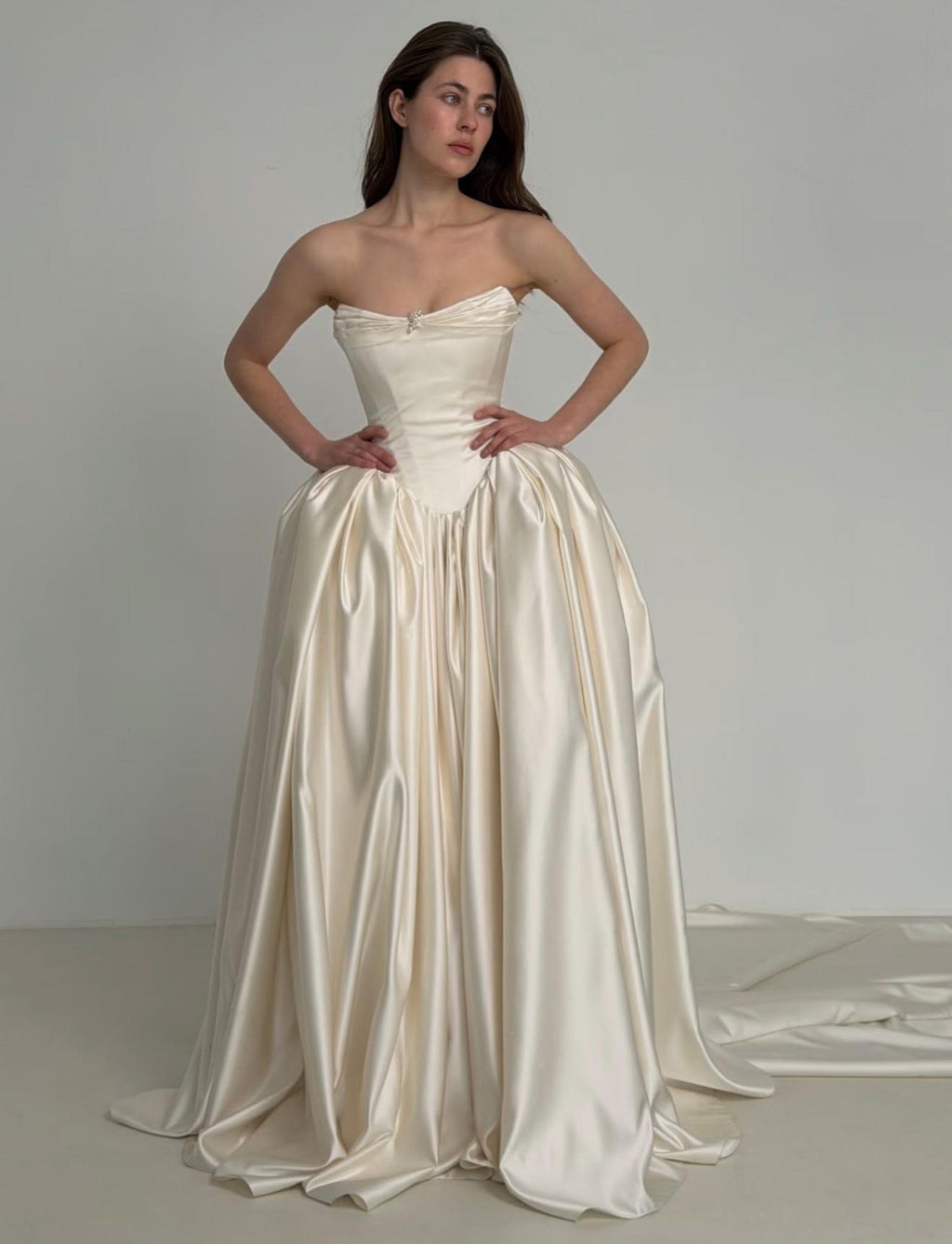 Vintage Off Shoulder Satin Ball Gown Wedding Dress, Sweetheart Bodice with Basque Waist, Elegant Ivory Bridal Gown, Custom Made