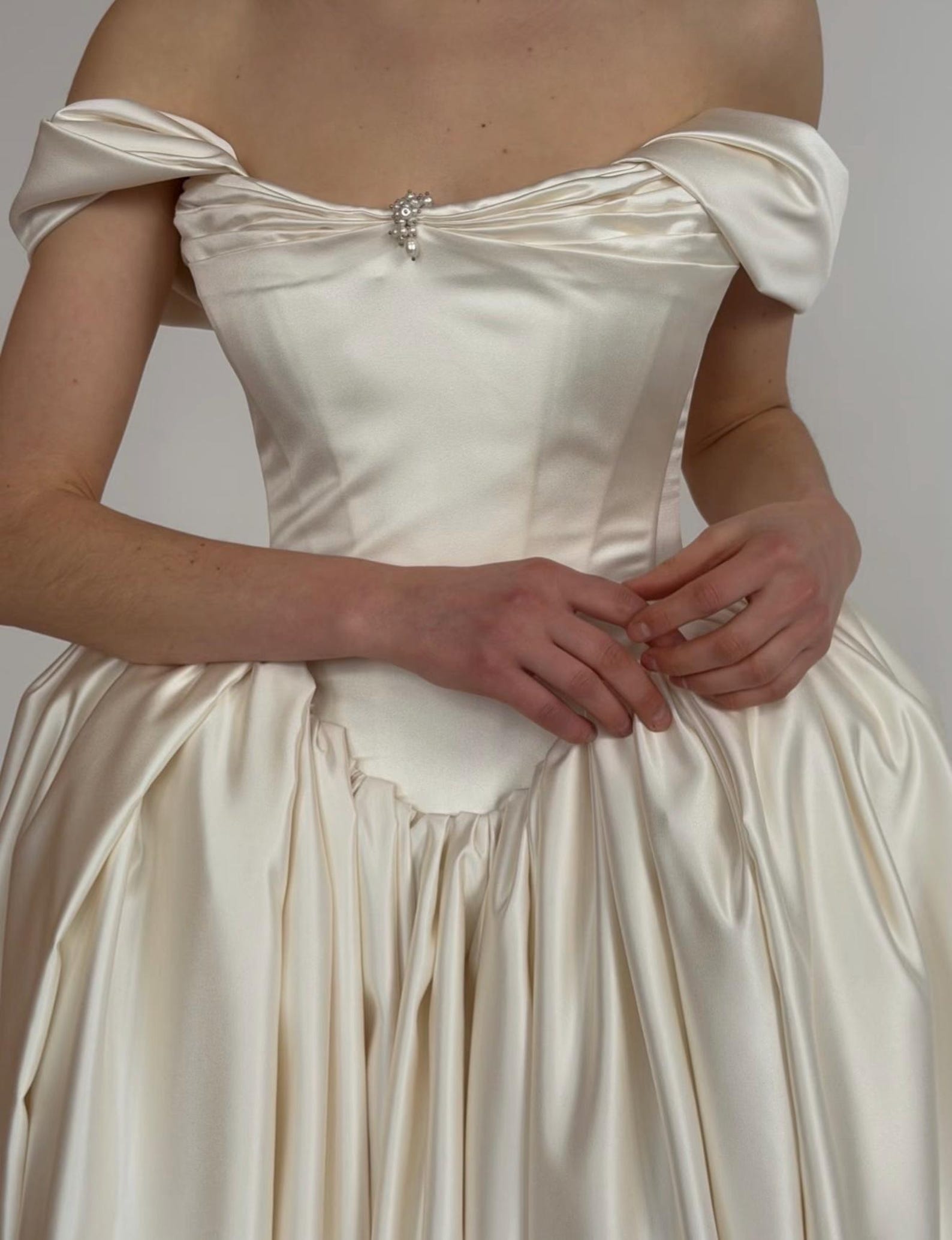 Vintage Off Shoulder Satin Ball Gown Wedding Dress, Sweetheart Bodice with Basque Waist, Elegant Ivory Bridal Gown, Custom Made