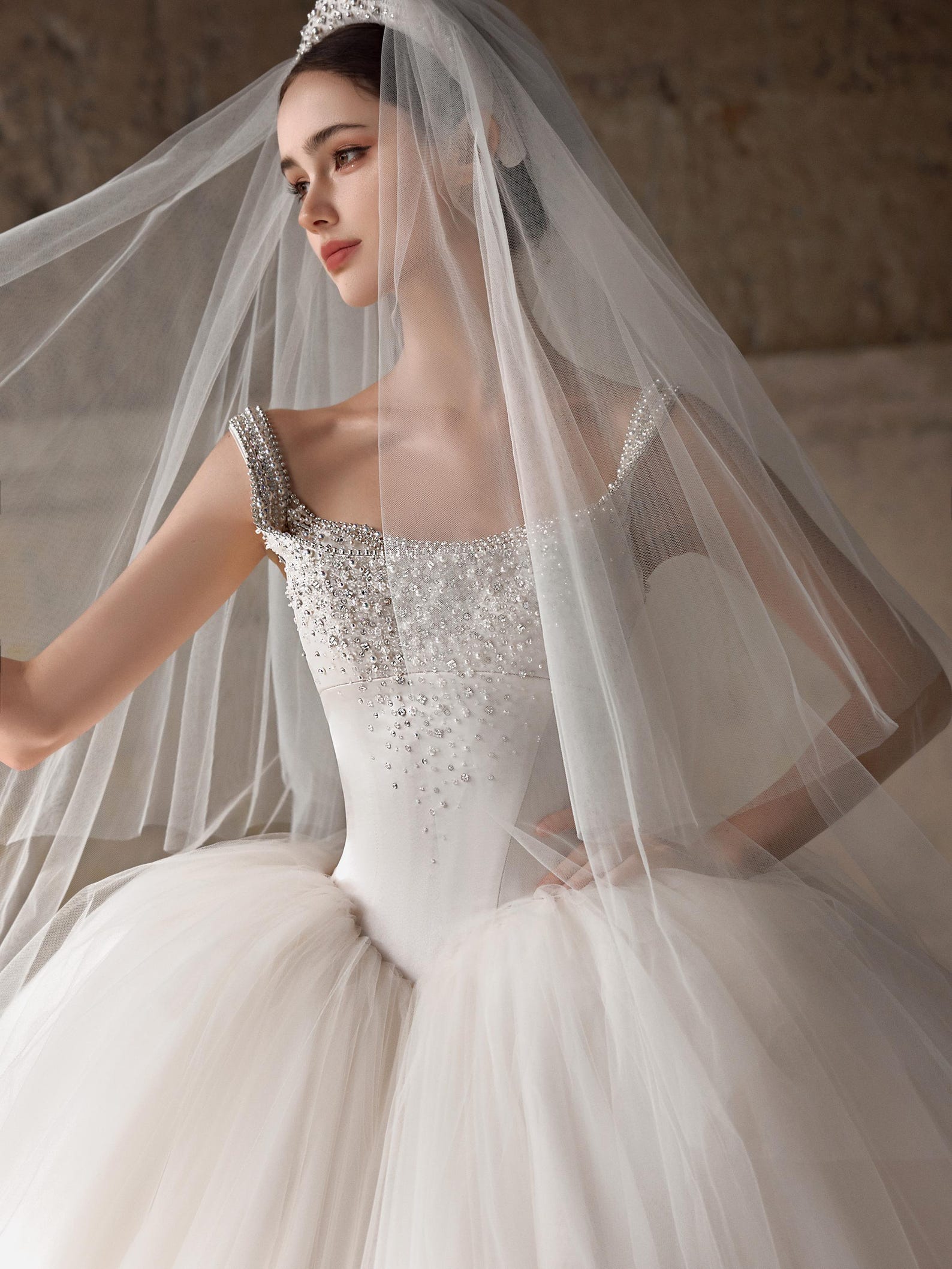 Luxury Beaded Wide Strap Ball Gown Wedding Dress, Crystal Embellished Bodice, Voluminous Tulle Skirt with Train, Elegant Ivory Bridal Gown