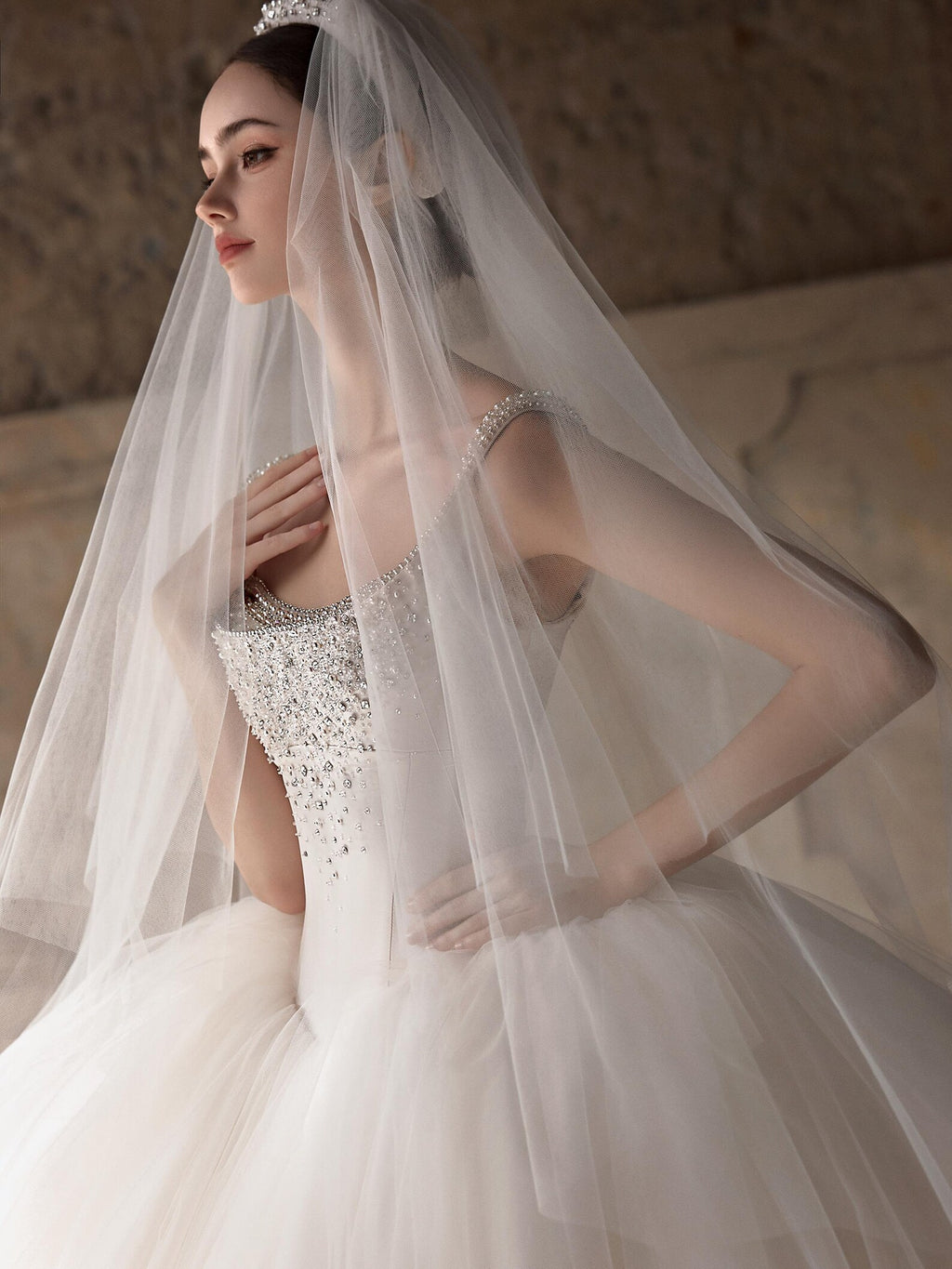 Luxury Beaded Wide Strap Ball Gown Wedding Dress, Crystal Embellished Bodice, Voluminous Tulle Skirt with Train, Elegant Ivory Bridal Gown