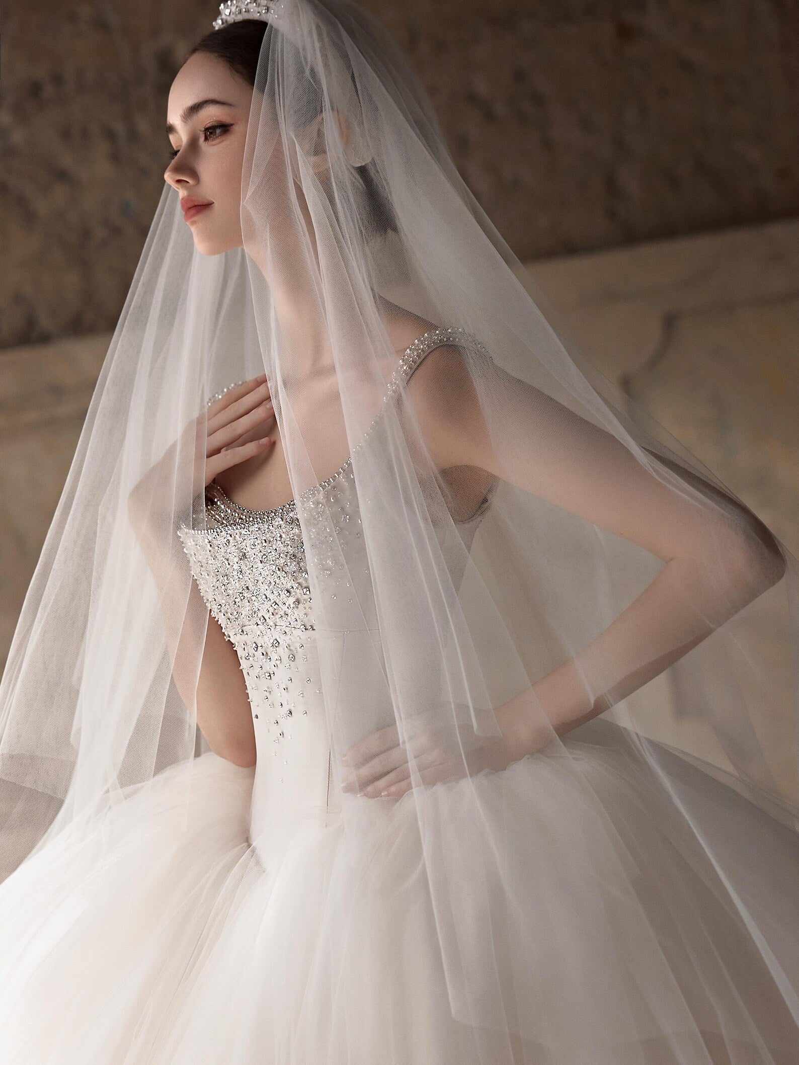 Luxury Beaded Wide Strap Ball Gown Wedding Dress, Crystal Embellished Bodice, Voluminous Tulle Skirt with Train, Elegant Ivory Bridal Gown