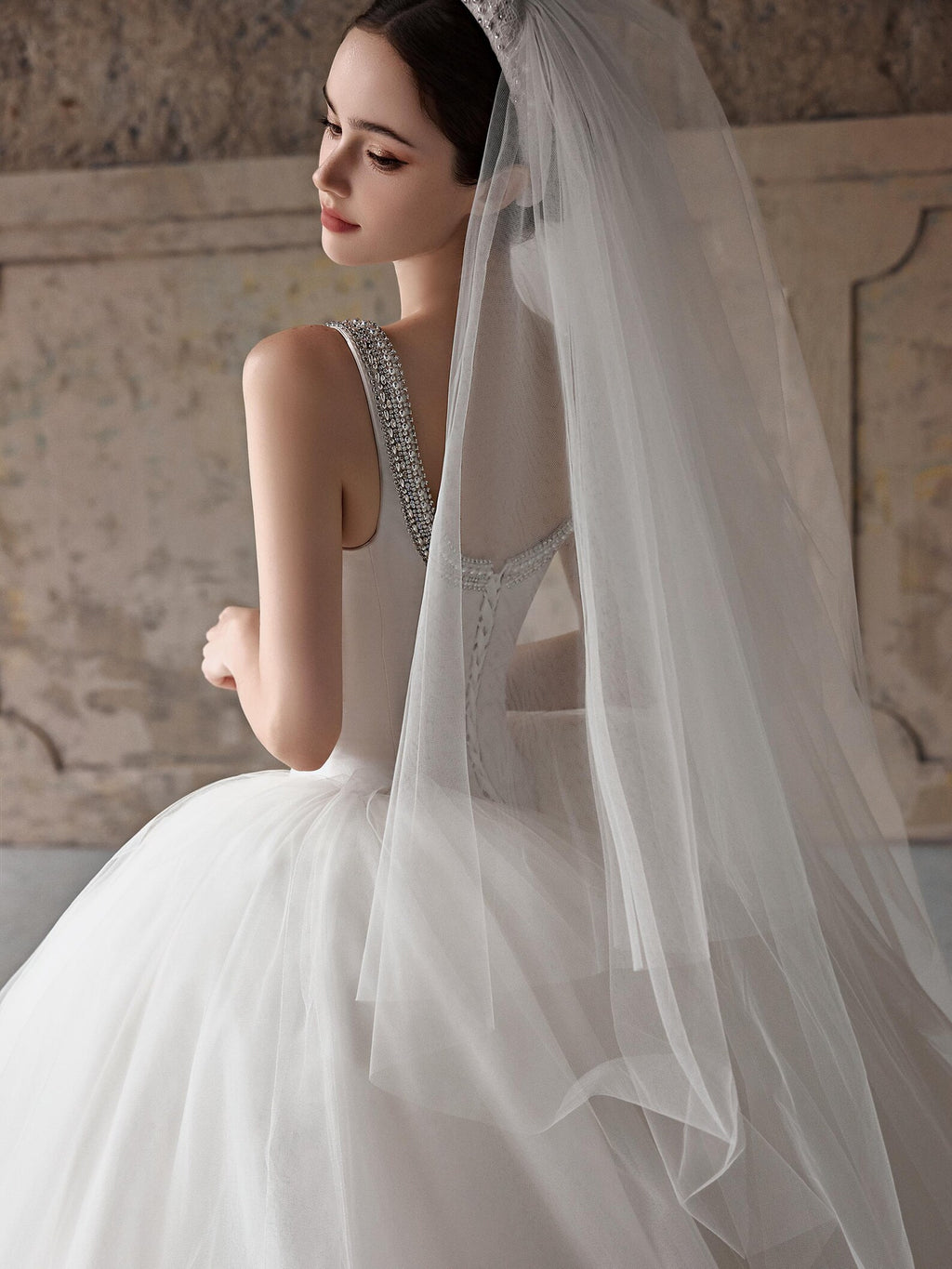 Luxury Beaded Wide Strap Ball Gown Wedding Dress, Crystal Embellished Bodice, Voluminous Tulle Skirt with Train, Elegant Ivory Bridal Gown