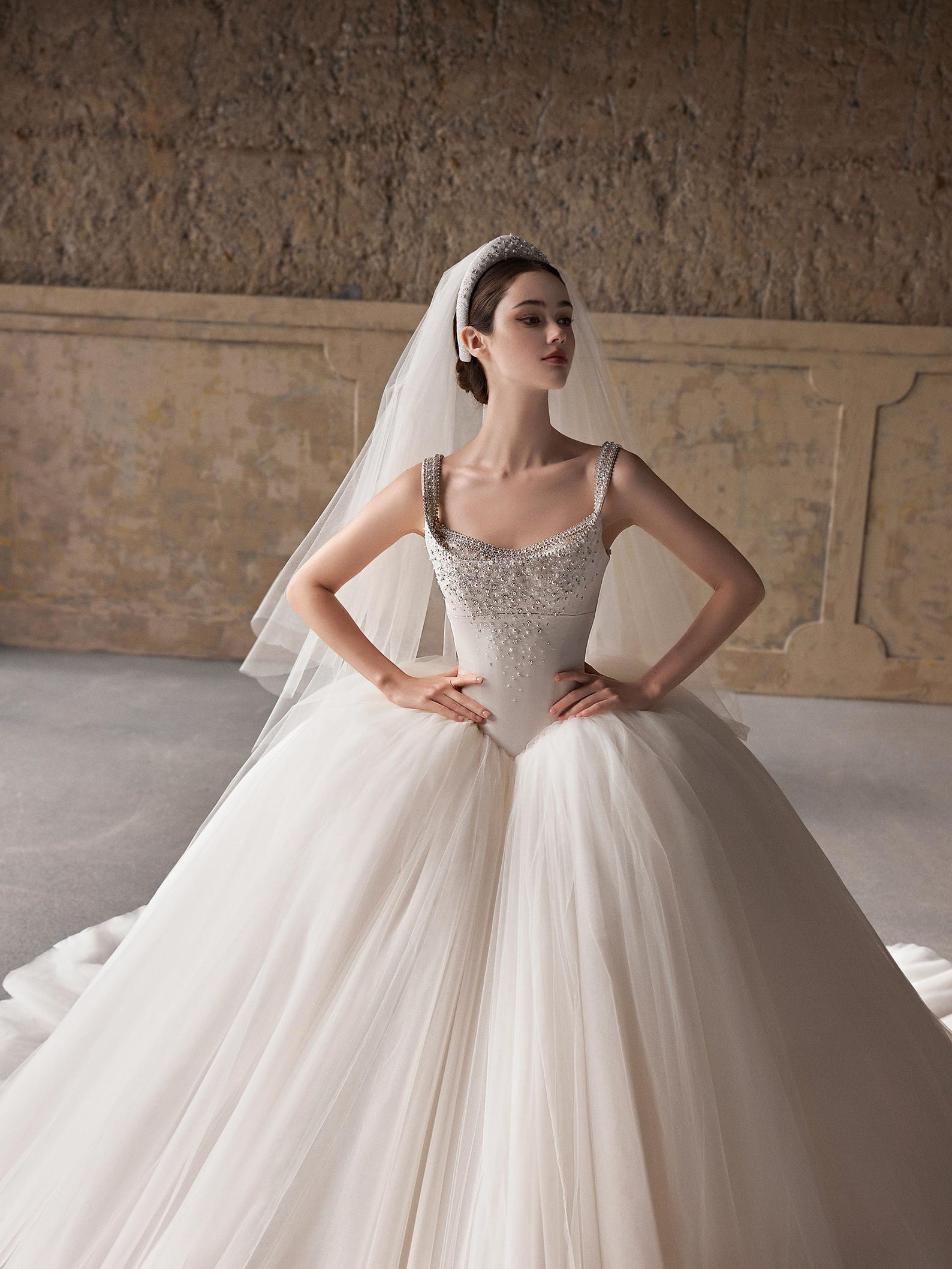 Luxury Beaded Wide Strap Ball Gown Wedding Dress, Crystal Embellished Bodice, Voluminous Tulle Skirt with Train, Elegant Ivory Bridal Gown