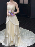 Strapless Draped Pleated Satin Wedding Dress, Tiered Pleat Skirt Bridal Gown, Minimalist Ivory Custom Wedding Dress