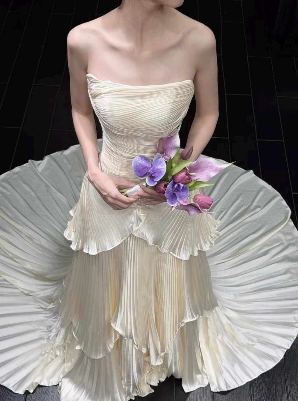 Strapless Draped Pleated Satin Wedding Dress, Tiered Pleat Skirt Bridal Gown, Minimalist Ivory Custom Wedding Dress