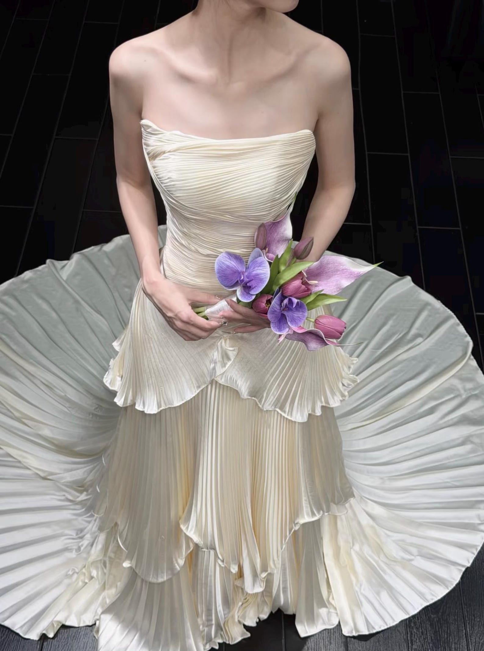 Strapless Draped Pleated Satin Wedding Dress, Tiered Pleat Skirt Bridal Gown, Minimalist Ivory Custom Wedding Dress