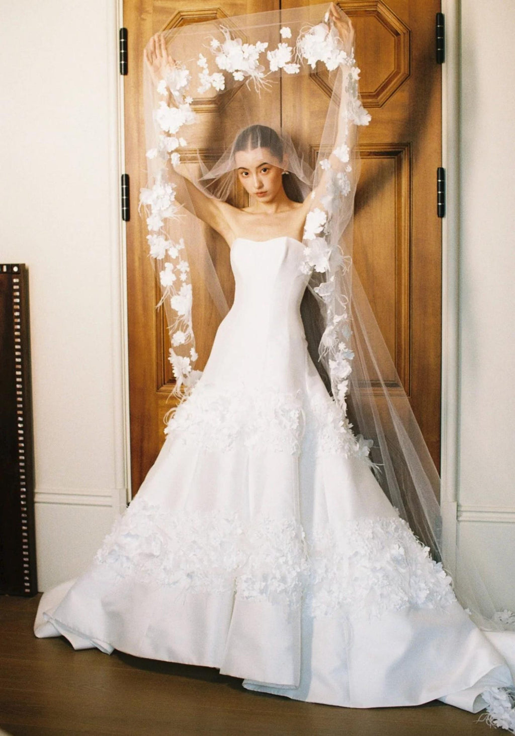 Elegant Strapless Satin A-Line Wedding Dress with 3D Floral Appliqués, Matching 3D Flower Veil, Romantic Ivory Bridal Gown, Custom Made