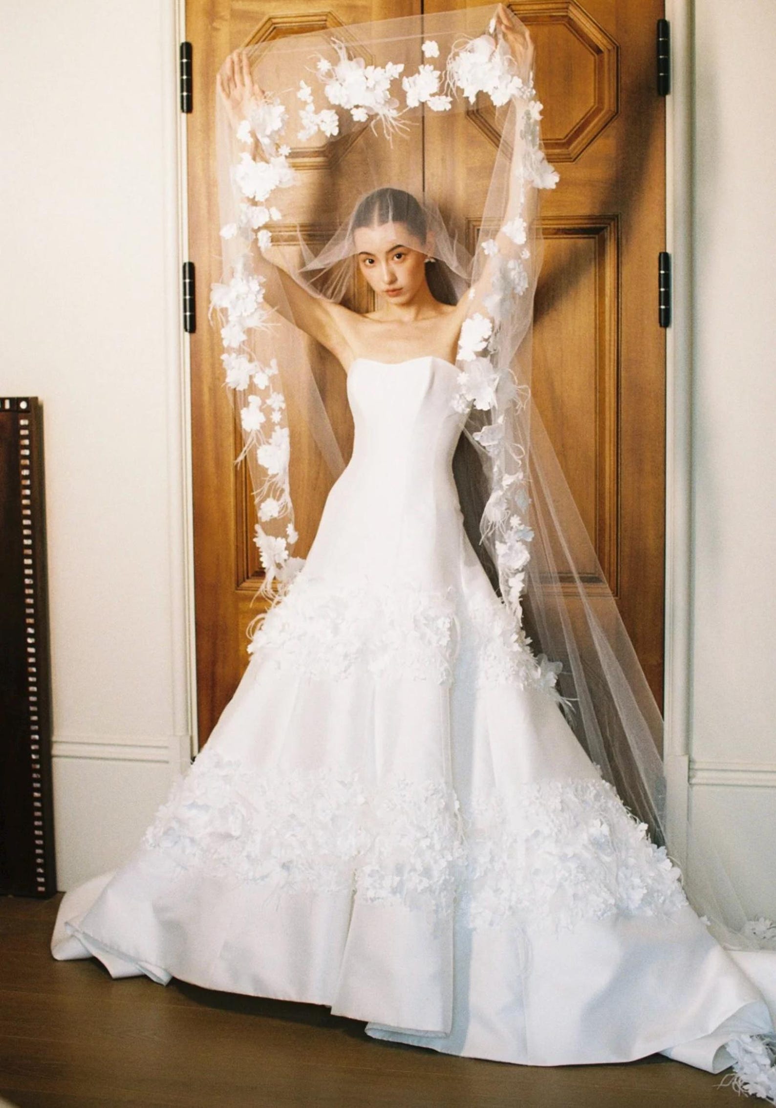 Elegant Strapless Satin A-Line Wedding Dress with 3D Floral Appliqués, Matching 3D Flower Veil, Romantic Ivory Bridal Gown, Custom Made