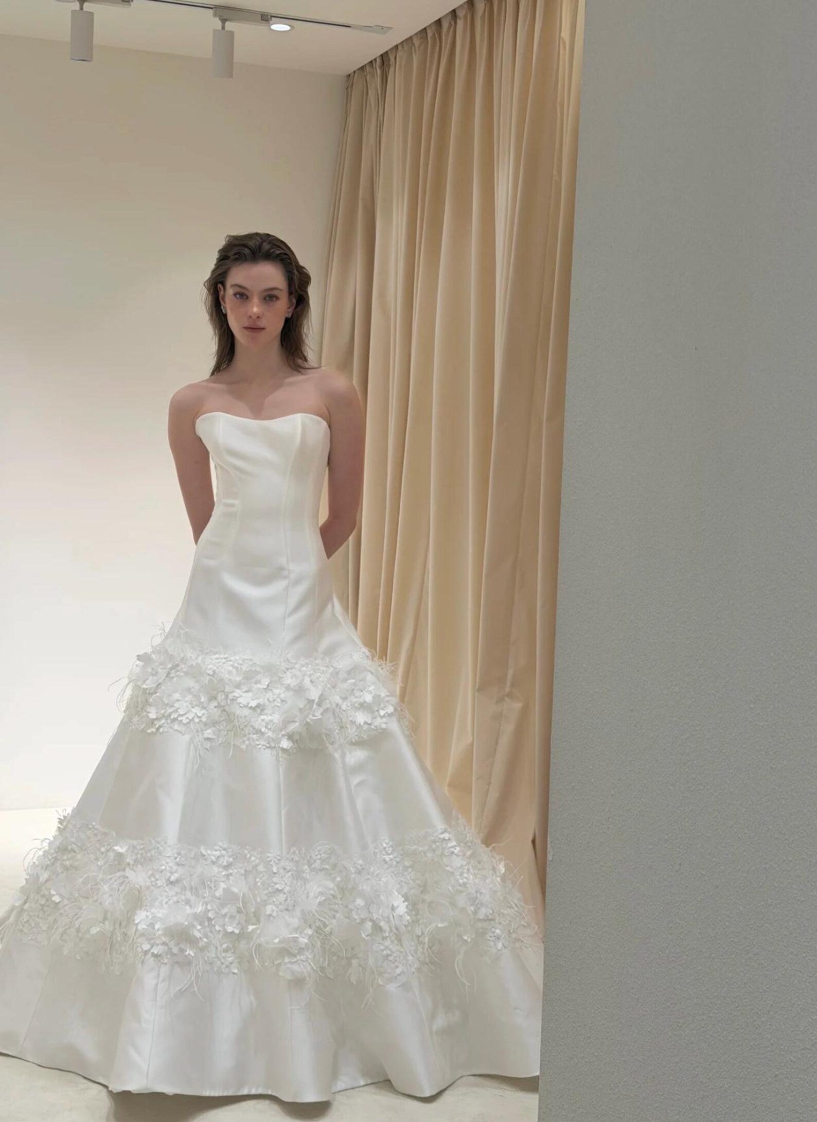 Elegant Strapless Satin A-Line Wedding Dress with 3D Floral Appliqués, Matching 3D Flower Veil, Romantic Ivory Bridal Gown, Custom Made