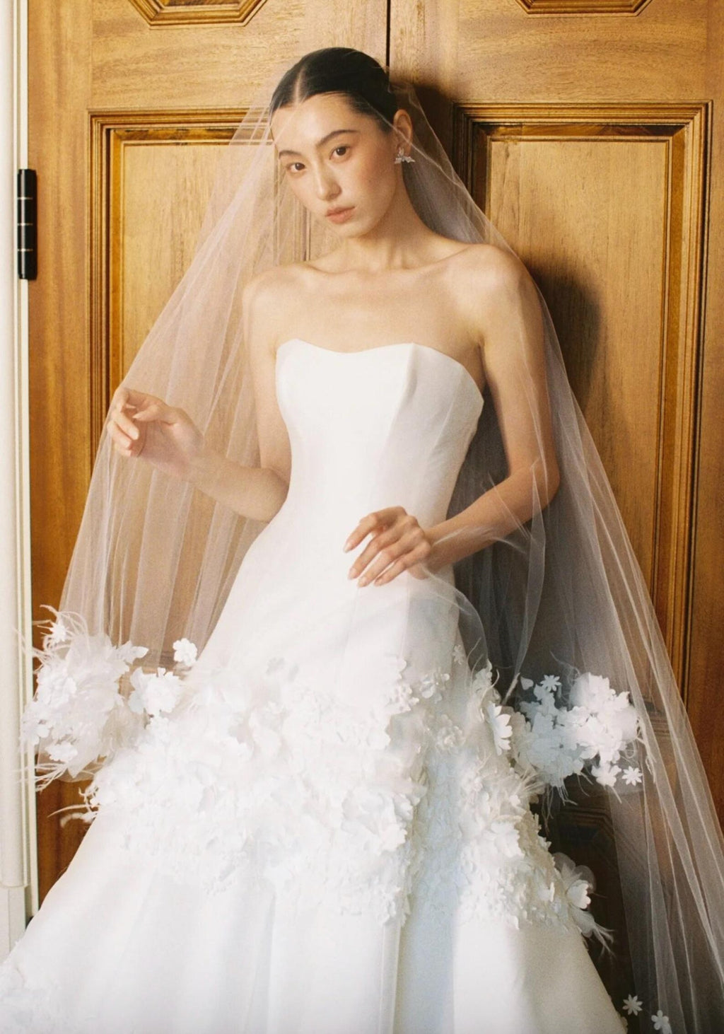 Elegant Strapless Satin A-Line Wedding Dress with 3D Floral Appliqués, Matching 3D Flower Veil, Romantic Ivory Bridal Gown, Custom Made