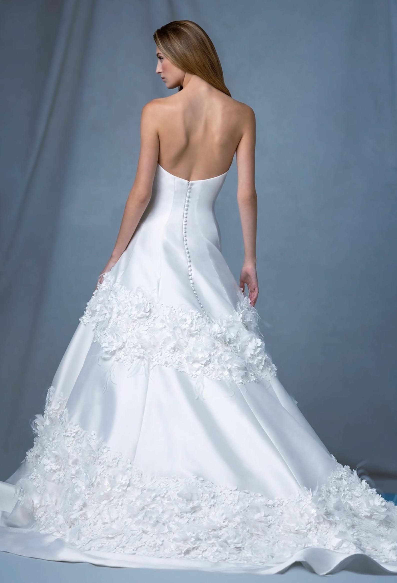 Elegant Strapless Satin A-Line Wedding Dress with 3D Floral Appliqués, Matching 3D Flower Veil, Romantic Ivory Bridal Gown, Custom Made