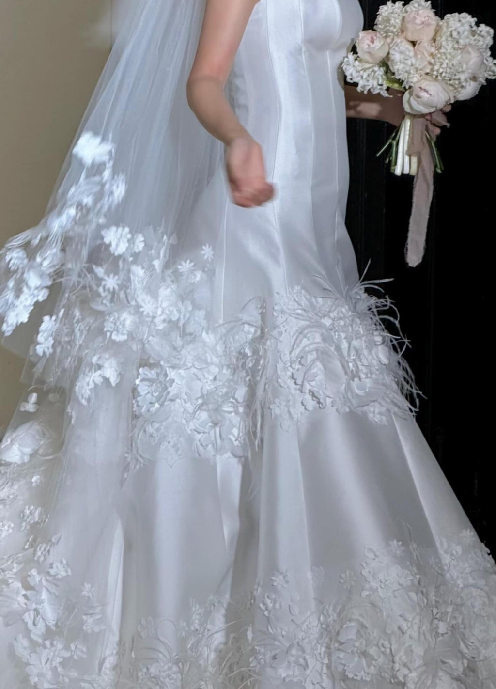 Elegant Strapless Satin A-Line Wedding Dress with 3D Floral Appliqués, Matching 3D Flower Veil, Romantic Ivory Bridal Gown, Custom Made