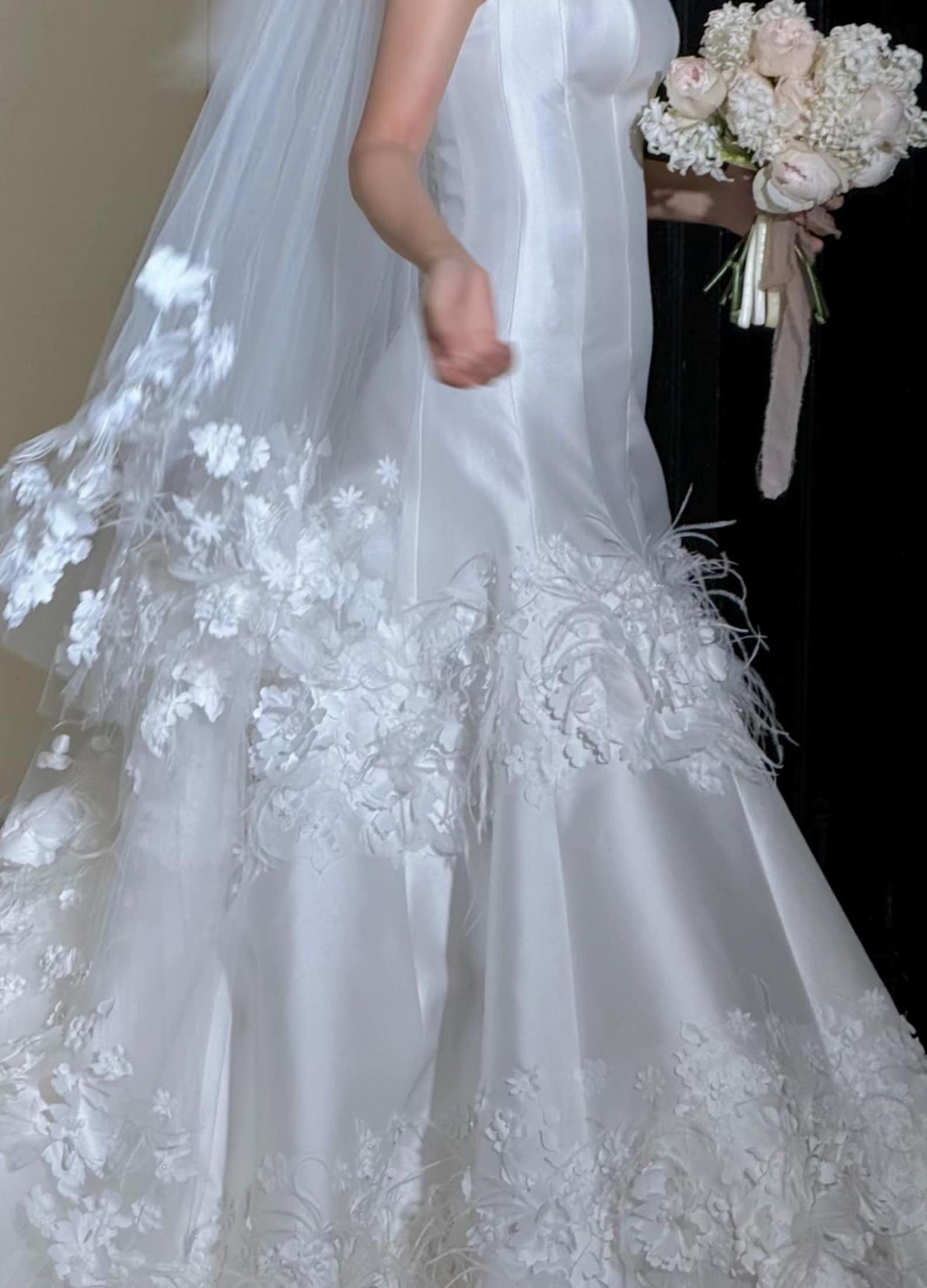 Elegant Strapless Satin A-Line Wedding Dress with 3D Floral Appliqués, Matching 3D Flower Veil, Romantic Ivory Bridal Gown, Custom Made
