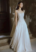 Luxury Beaded Square Neck A-Line Wedding Dress, Crystal Embellished Bodice with Open Back, Flowing Tulle Skirt, Elegant Ivory Bridal Gown
