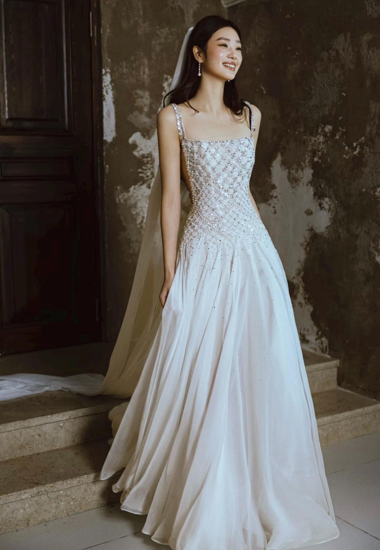 Luxury Beaded Square Neck A-Line Wedding Dress, Crystal Embellished Bodice with Open Back, Flowing Tulle Skirt, Elegant Ivory Bridal Gown