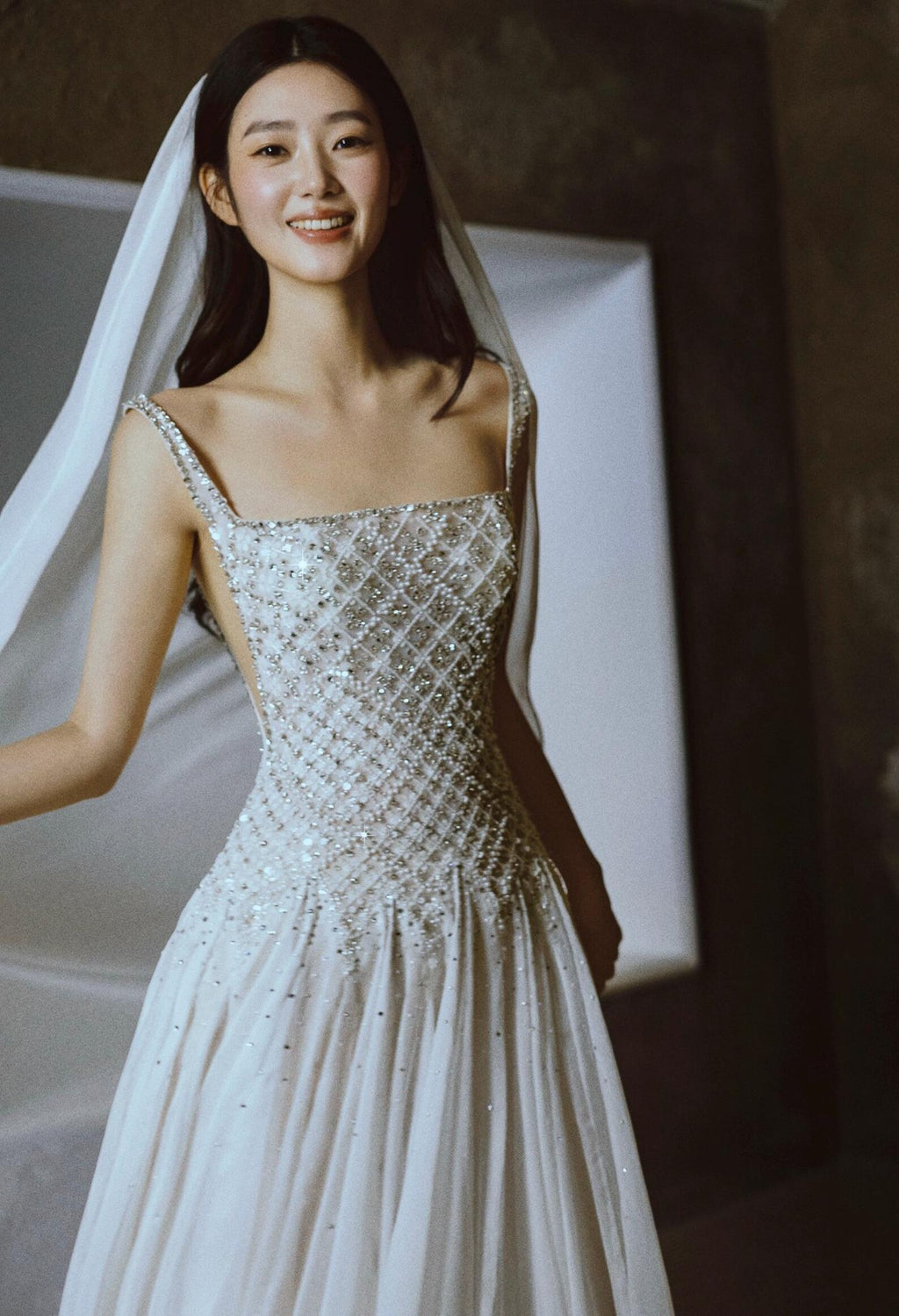 Luxury Beaded Square Neck A-Line Wedding Dress, Crystal Embellished Bodice with Open Back, Flowing Tulle Skirt, Elegant Ivory Bridal Gown