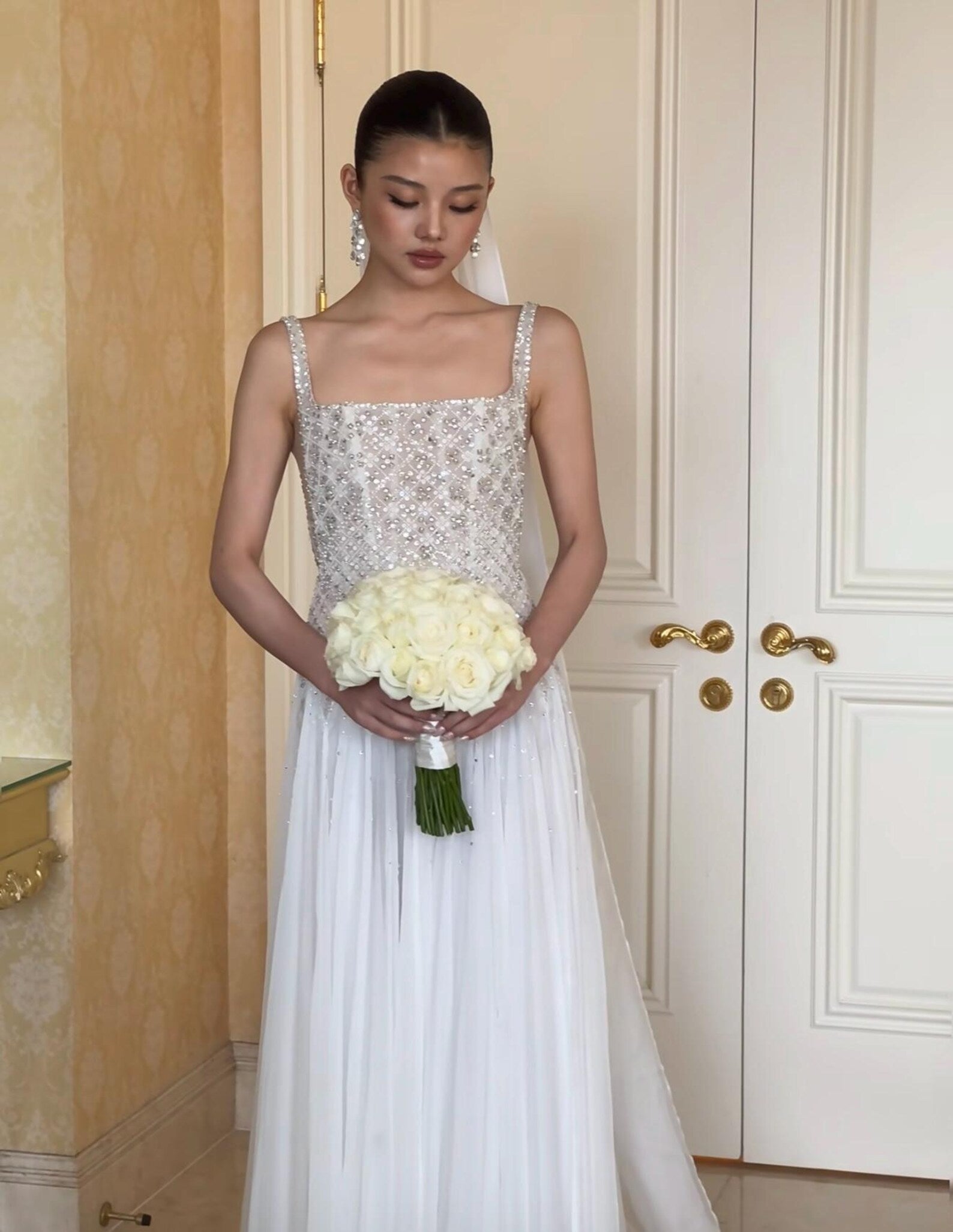 Luxury Beaded Square Neck A-Line Wedding Dress, Crystal Embellished Bodice with Open Back, Flowing Tulle Skirt, Elegant Ivory Bridal Gown