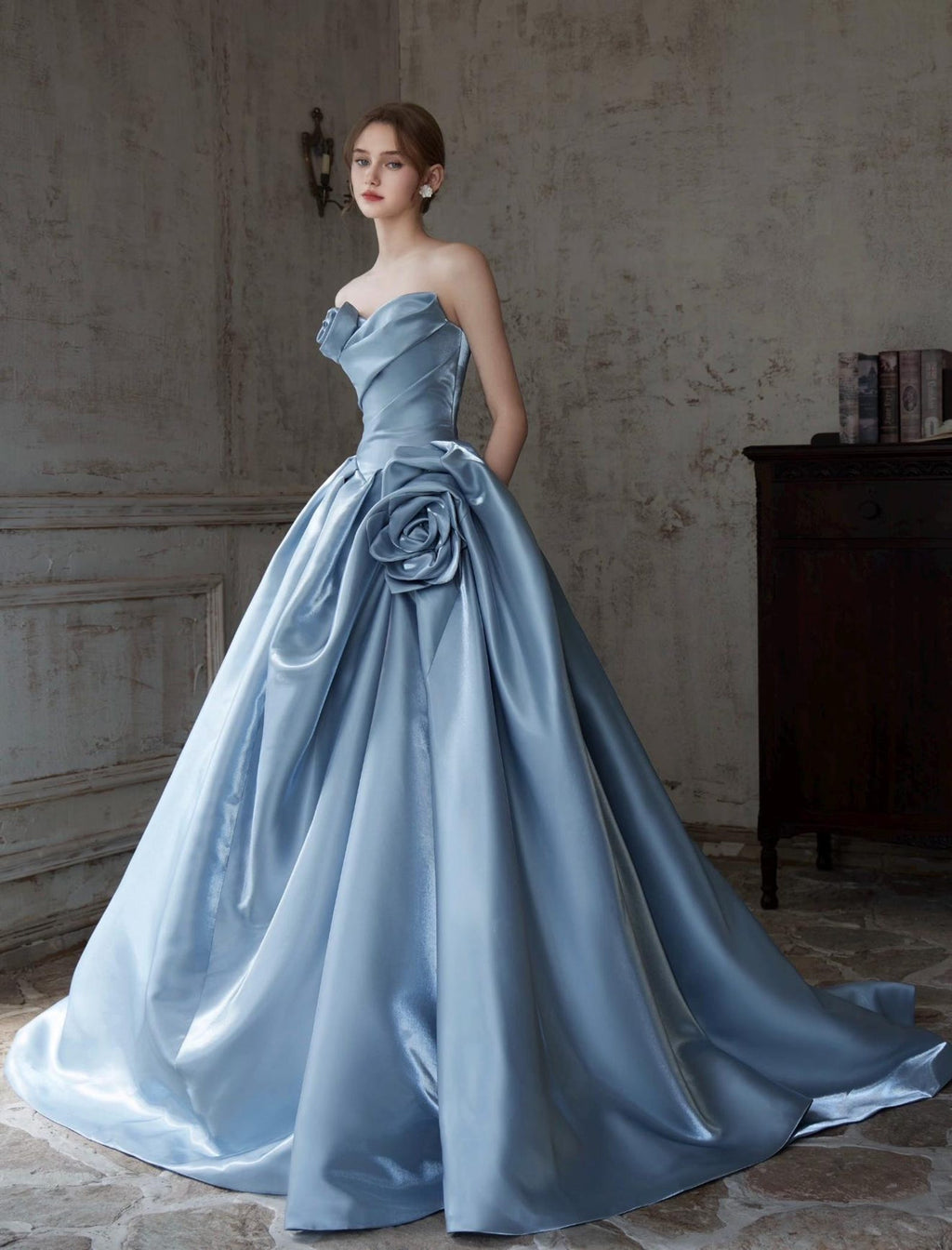 Strapless Dusty Blue Satin Evening Gown,3D Rose Ballgown,Big Train Formal Dress,Prom Gown,Quinceañera Dress