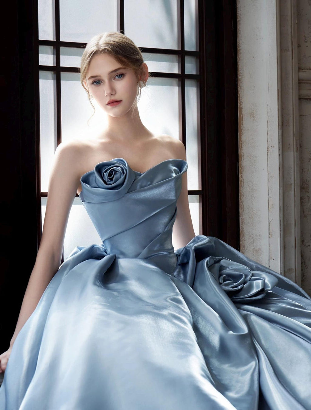 Strapless Dusty Blue Satin Evening Gown,3D Rose Ballgown,Big Train Formal Dress,Prom Gown,Quinceañera Dress