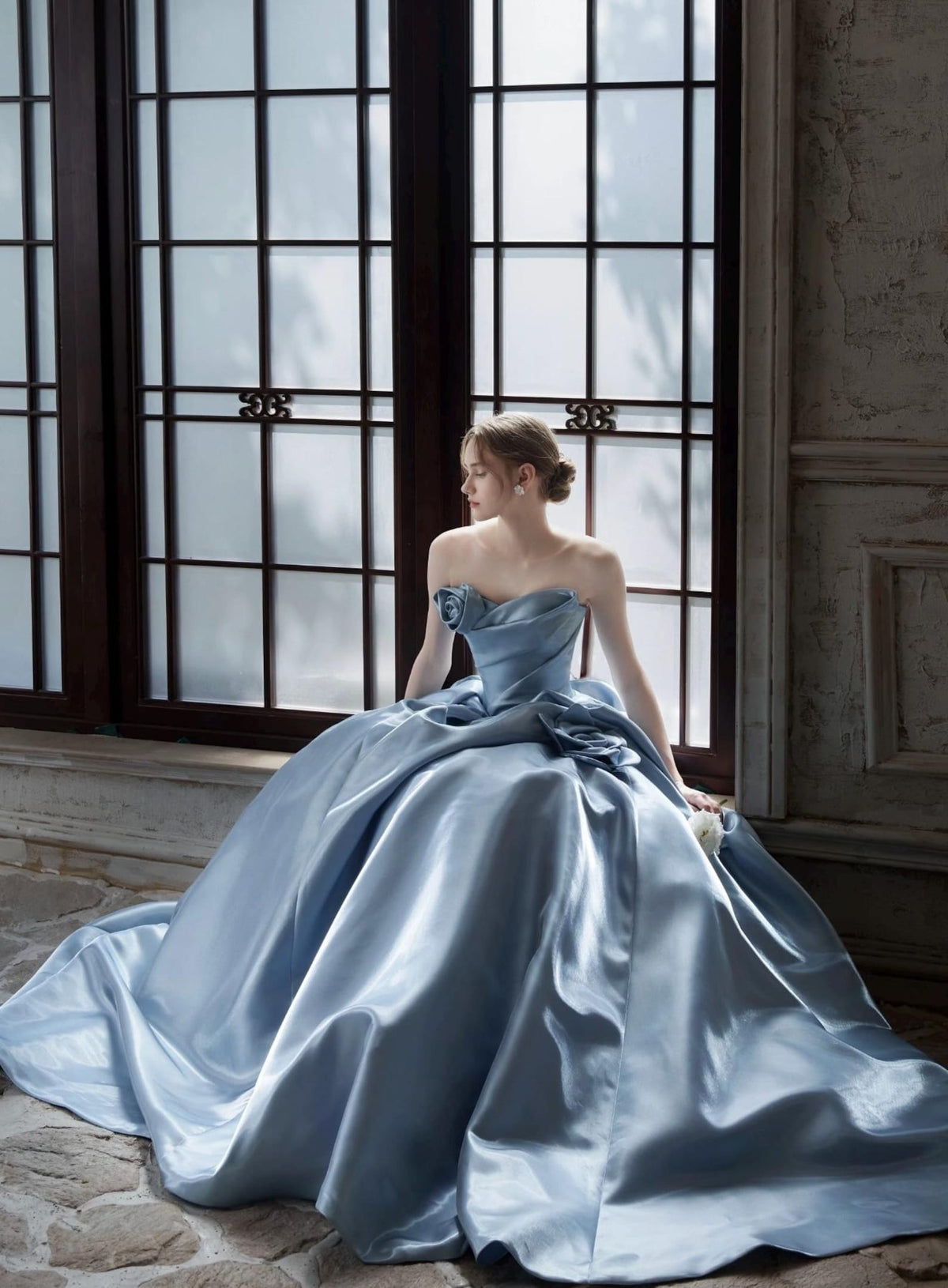 Strapless Dusty Blue Satin Evening Gown,3D Rose Ballgown,Big Train Formal Dress,Prom Gown,Quinceañera Dress