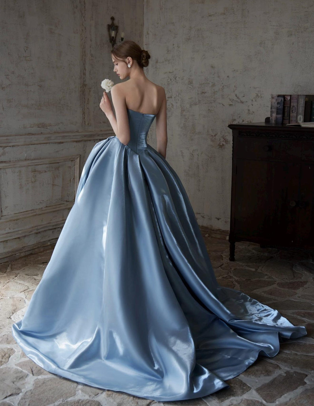 Strapless Dusty Blue Satin Evening Gown,3D Rose Ballgown,Big Train Formal Dress,Prom Gown,Quinceañera Dress