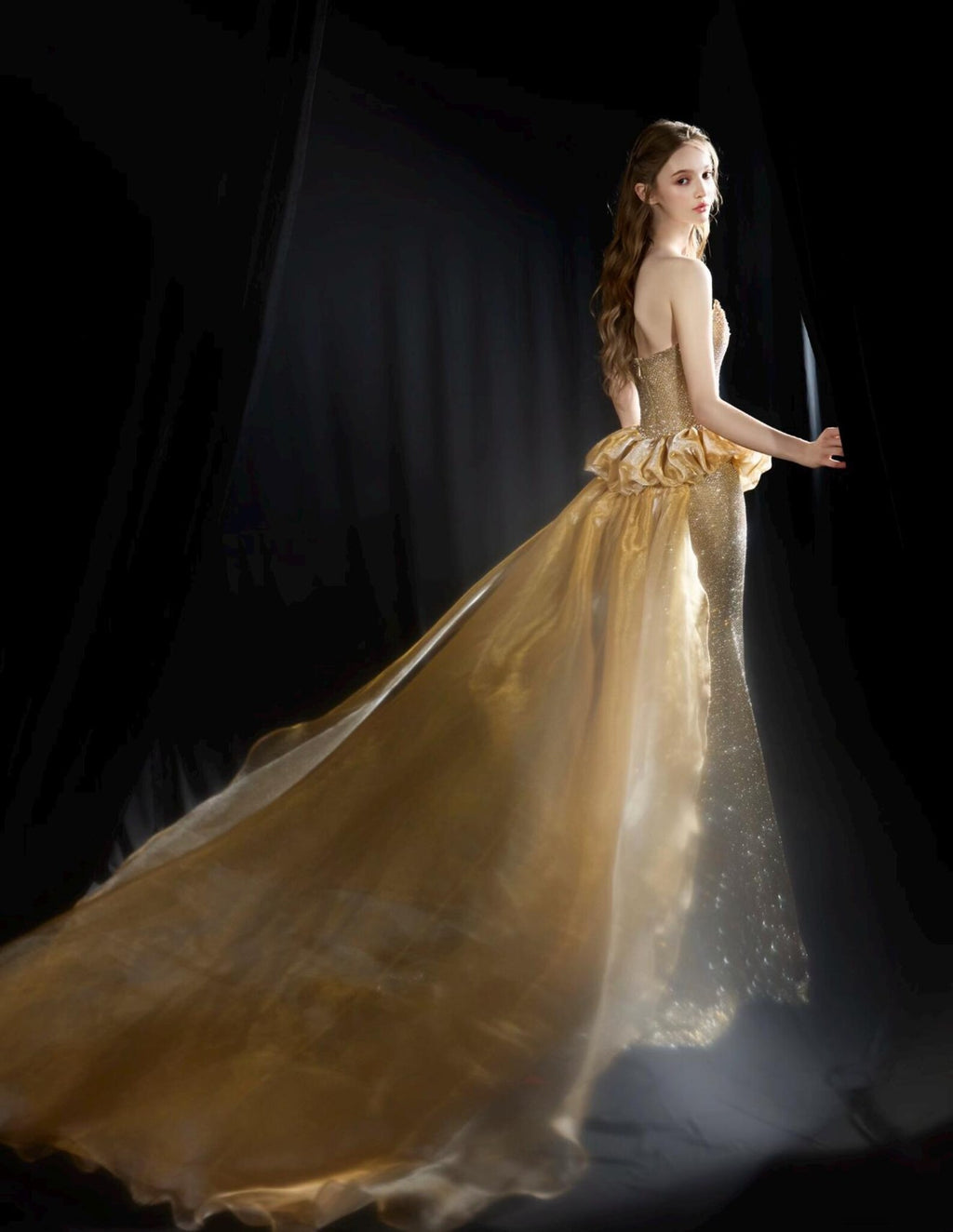 Strapless Gold Mermaid Evening Gown,Full Rhinestone Formal Dress,Ruffled Waist Detachable Tulle Train,Prom Pageant Gown