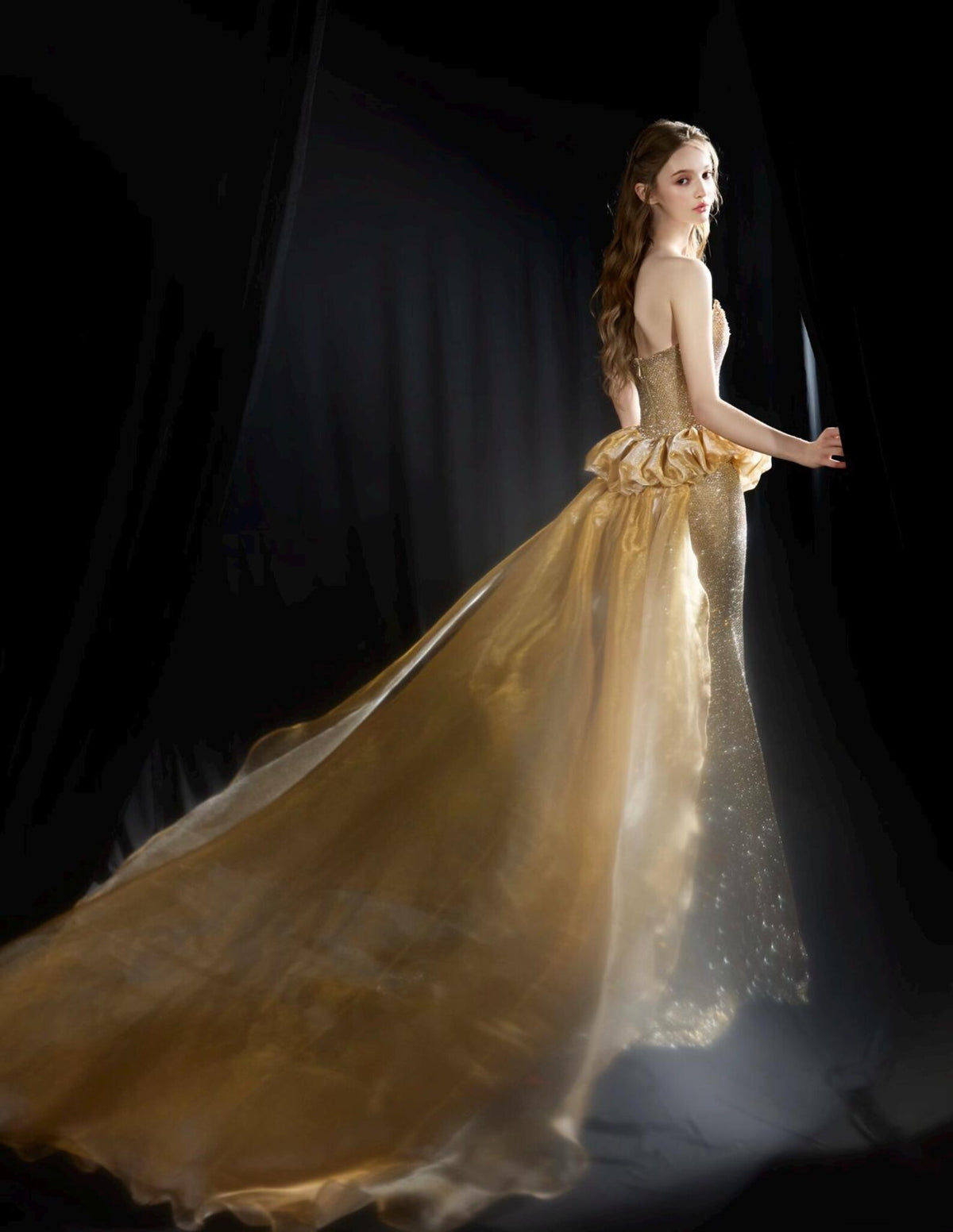 Strapless Gold Mermaid Evening Gown,Full Rhinestone Formal Dress,Ruffled Waist Detachable Tulle Train,Prom Pageant Gown
