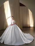 Off‑the‑Shoulder Satin Wedding Dress,Folded Neckline Lace Appliqué Ballgown,Cathedral Train Bridal Gown