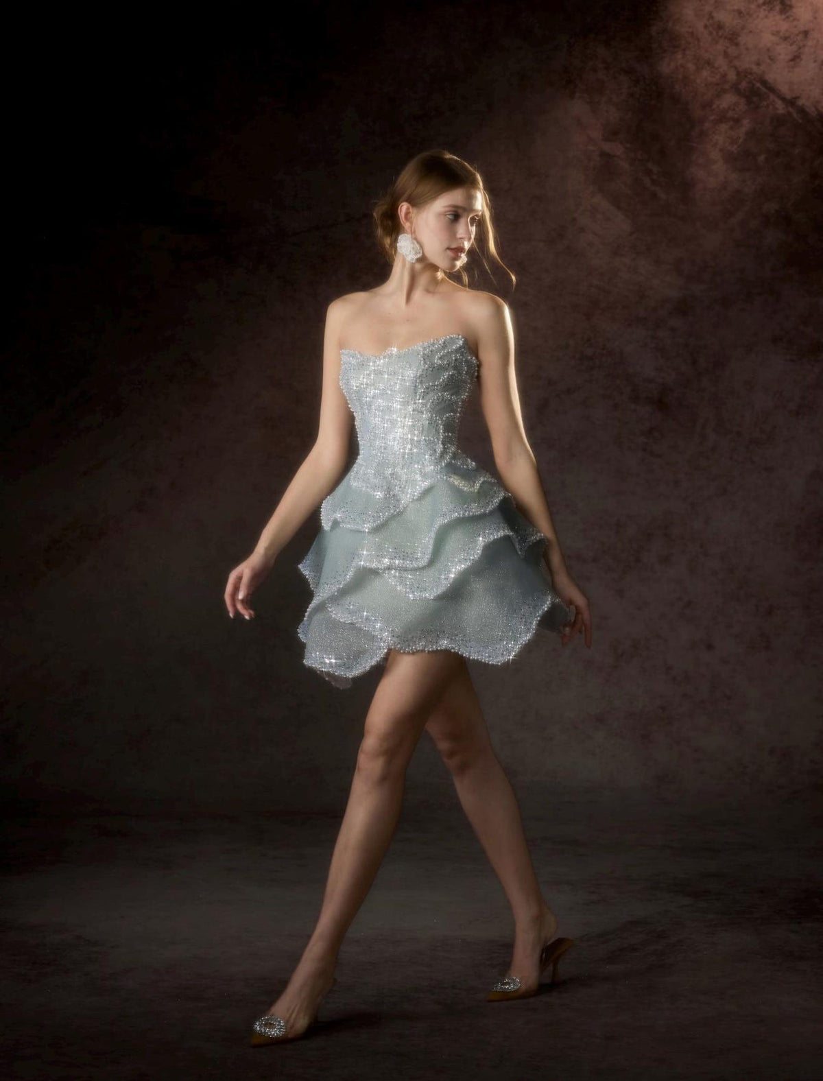 Strapless Ice Blue Short Prom Dress,Full Rhinestone Ruffled Tiered Mini Gown,Cocktail Party Homecoming Dress