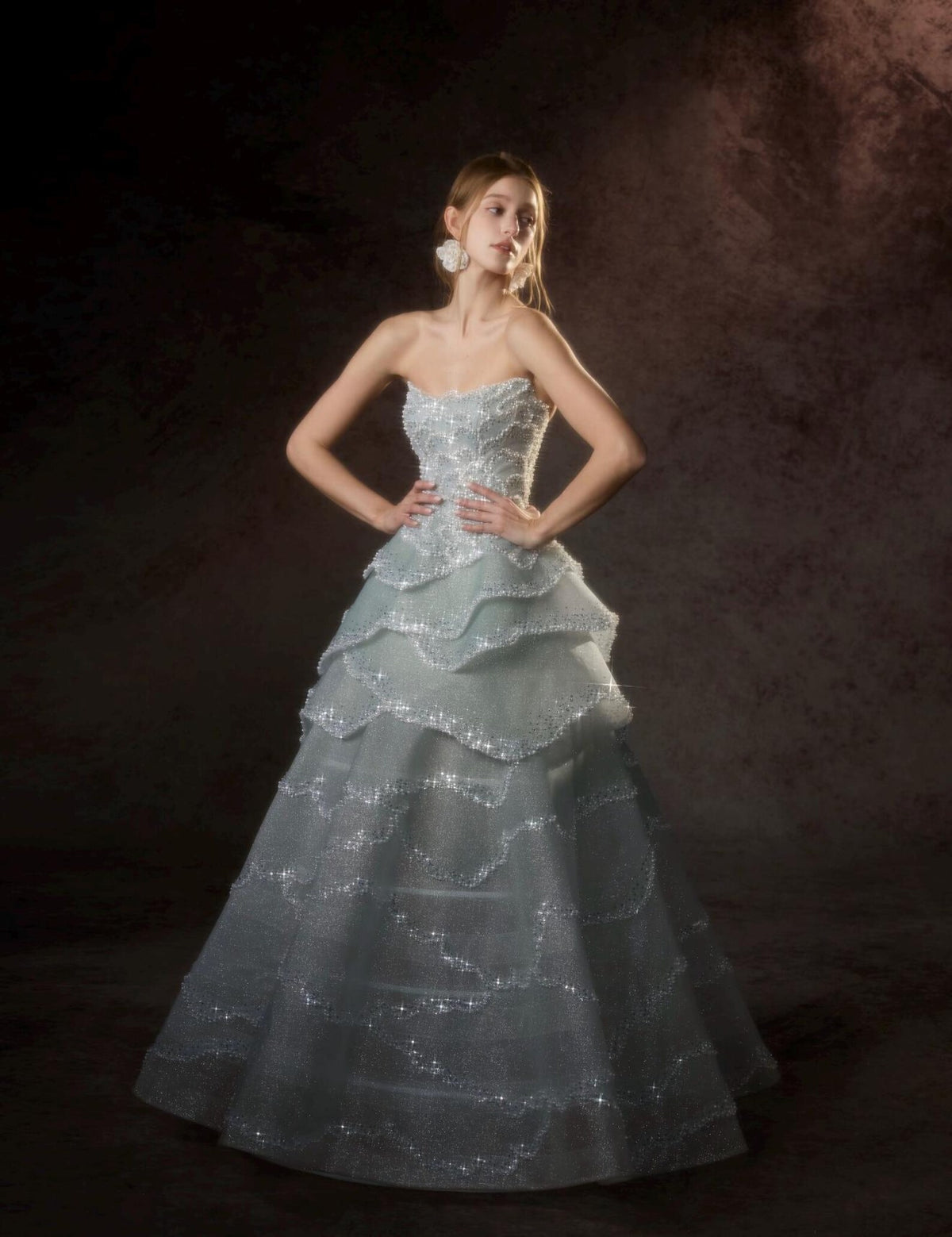 Strapless Ice Blue Short Prom Dress,Full Rhinestone Ruffled Tiered Mini Gown,Cocktail Party Homecoming Dress