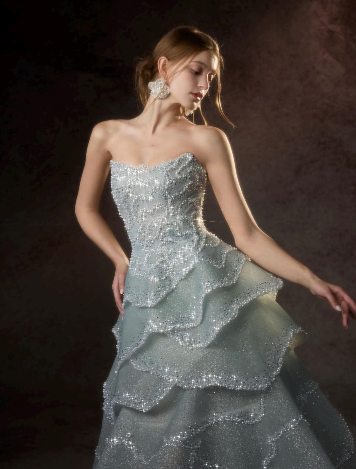 Strapless Ice Blue Short Prom Dress,Full Rhinestone Ruffled Tiered Mini Gown,Cocktail Party Homecoming Dress