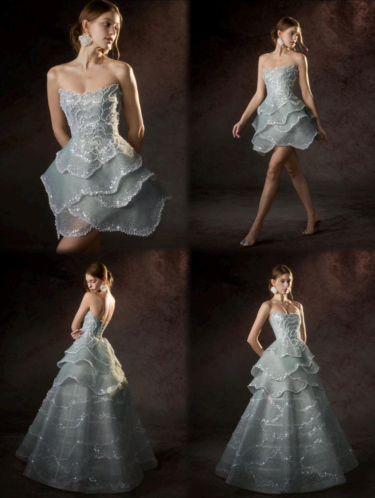 Strapless Ice Blue Short Prom Dress,Full Rhinestone Ruffled Tiered Mini Gown,Cocktail Party Homecoming Dress