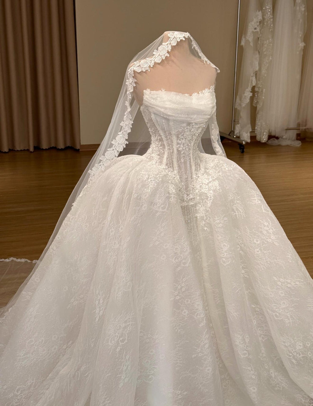 Strapless Lace Wedding Dress with Corset Bodice, Draped Ball Gown Bridal Dress with Train, Floral Lace Wedding Gown with Veil