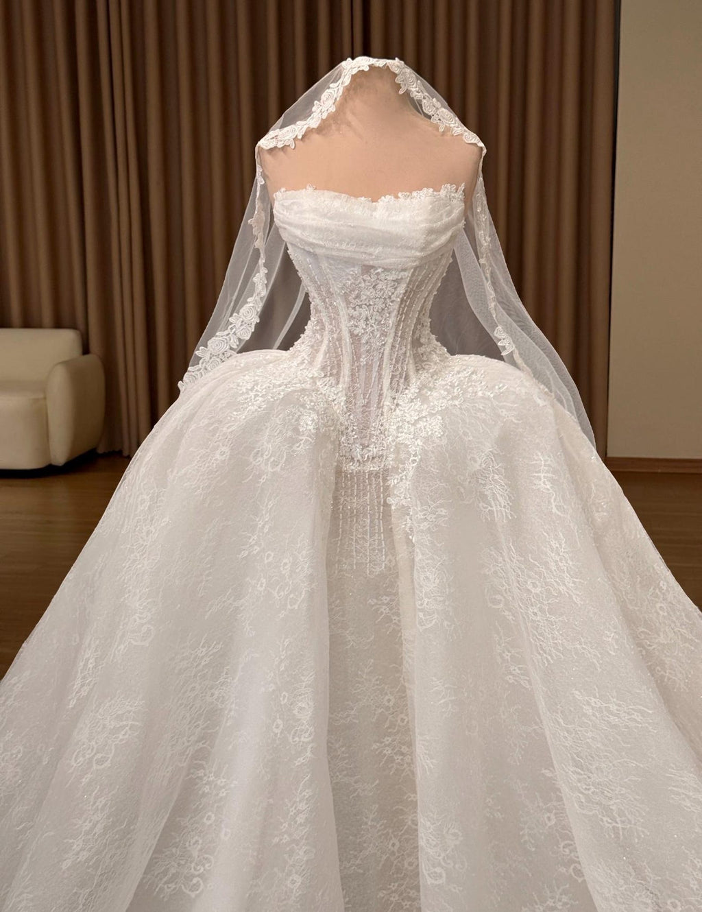 Strapless Lace Wedding Dress with Corset Bodice, Draped Ball Gown Bridal Dress with Train, Floral Lace Wedding Gown with Veil