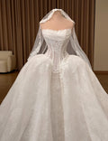 Strapless Lace Wedding Dress with Corset Bodice, Draped Ball Gown Bridal Dress with Train, Floral Lace Wedding Gown with Veil