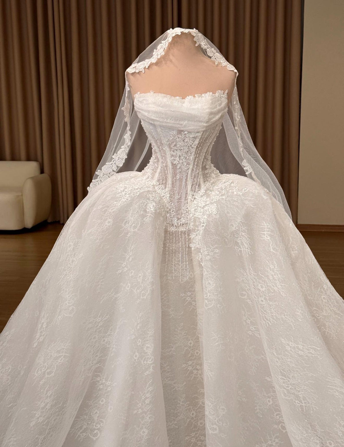 Strapless Lace Wedding Dress with Corset Bodice, Draped Ball Gown Bridal Dress with Train, Floral Lace Wedding Gown with Veil