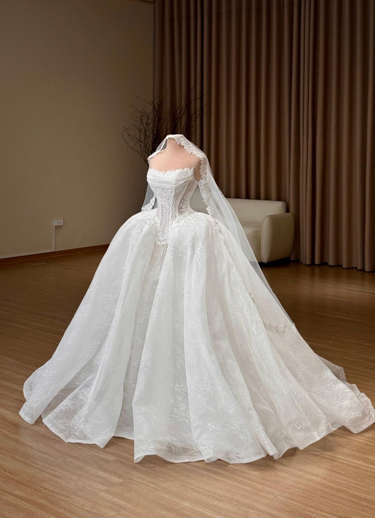 Strapless Lace Wedding Dress with Corset Bodice, Draped Ball Gown Bridal Dress with Train, Floral Lace Wedding Gown with Veil