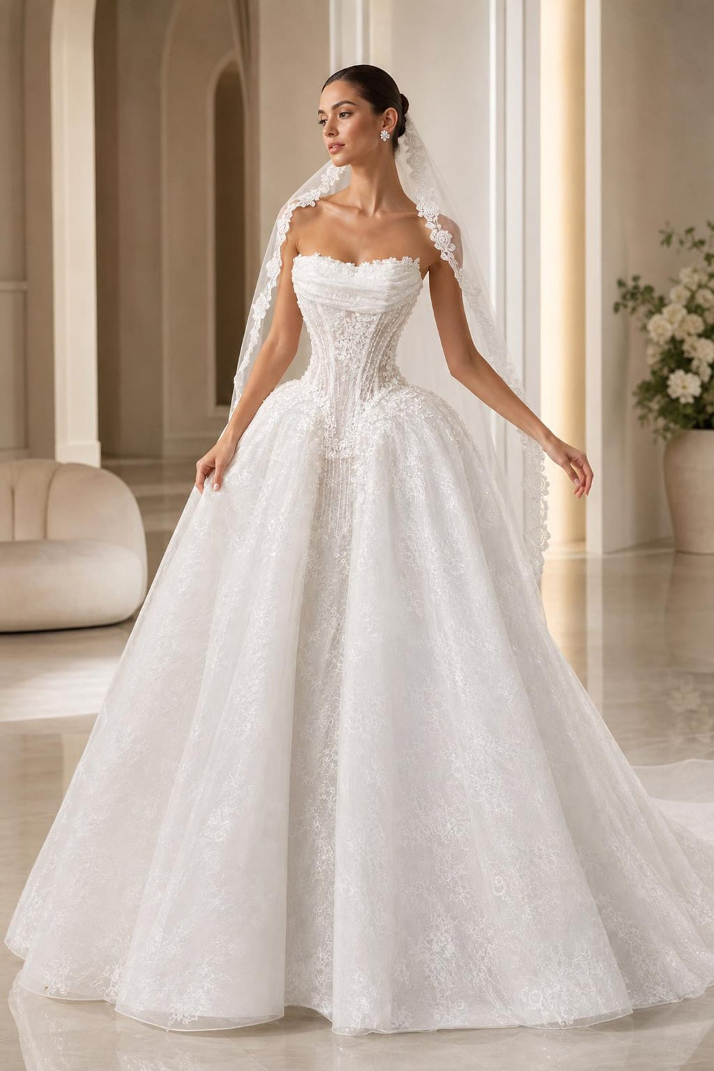 Strapless Lace Wedding Dress with Corset Bodice, Draped Ball Gown Bridal Dress with Train, Floral Lace Wedding Gown with Veil