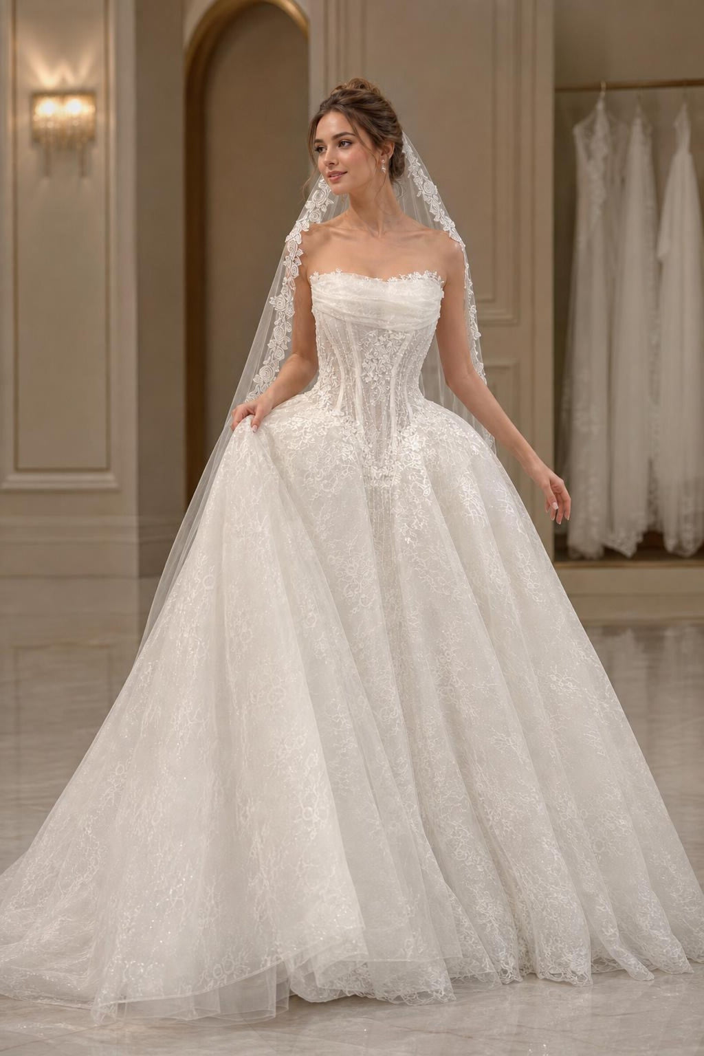Strapless Lace Wedding Dress with Corset Bodice, Draped Ball Gown Bridal Dress with Train, Floral Lace Wedding Gown with Veil